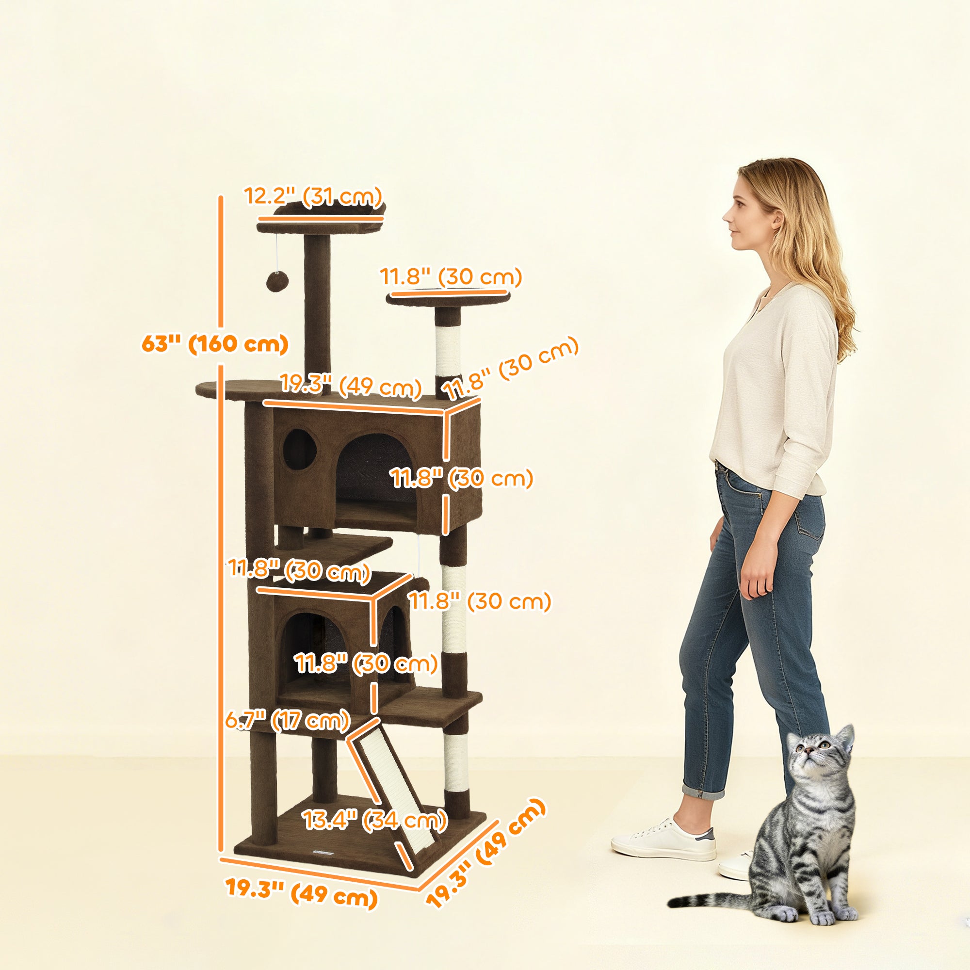 63" Cat Tree, Cat Tower for Indoor Cats with Scratching Posts, Cat Condos, Bed, Platforms, Ramp, Toy Ball, Cat Activity Center, Light Brown