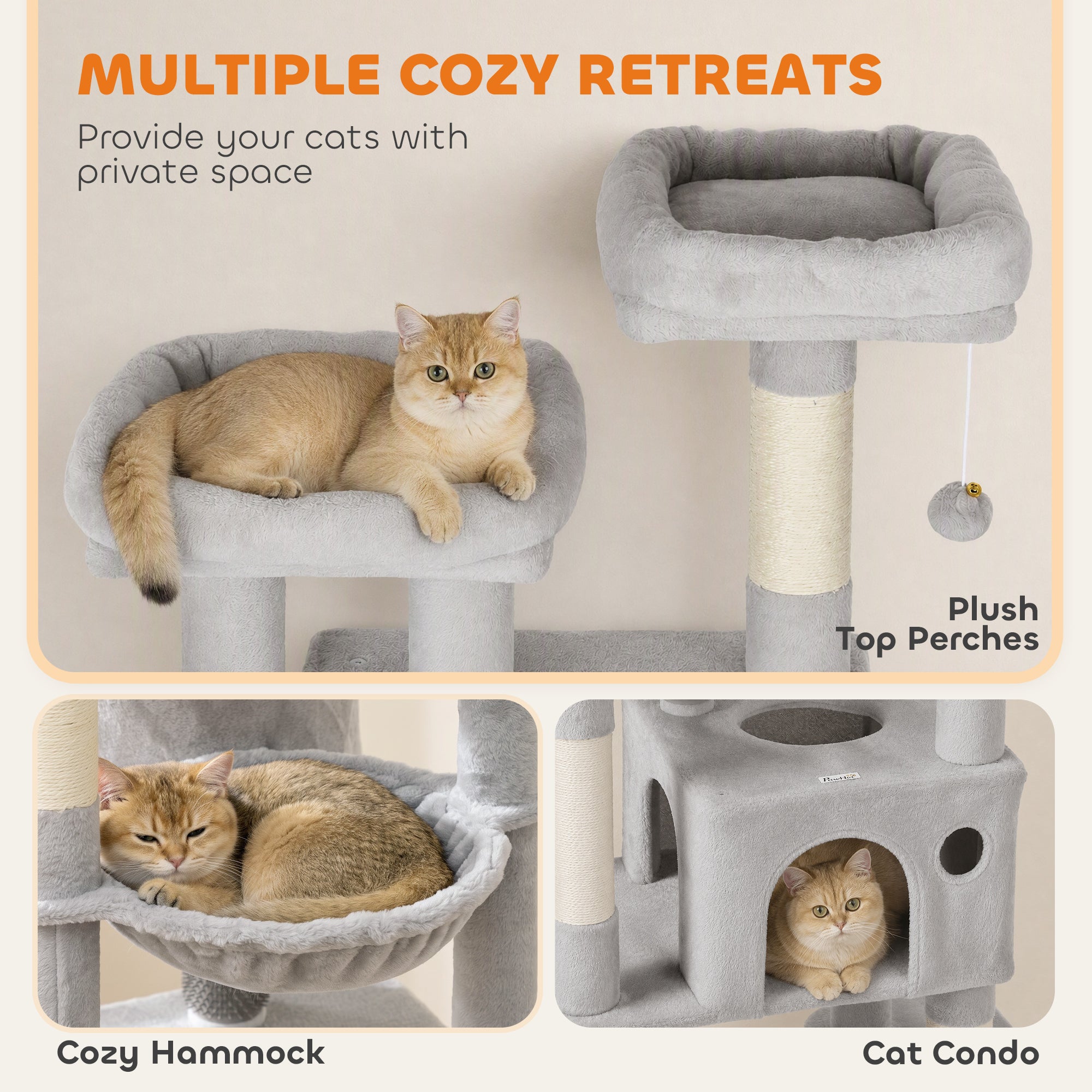 79" Tall Cat Tree for Indoor Large Cats Adult, Multi-Level Kitty Tower Split Baseboard, 2 Condos, 2 Beds, 5 Sisal Scratching Posts, Hammock, Self-Grooming Brush