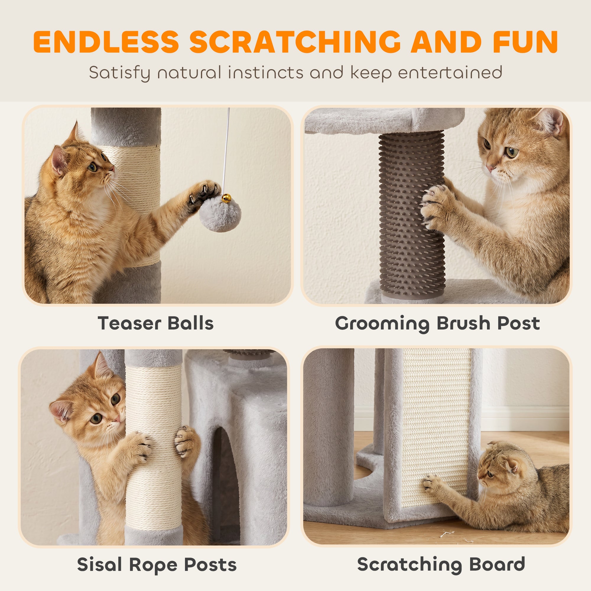 79" Tall Cat Tree for Indoor Large Cats Adult, Multi-Level Kitty Tower Split Baseboard, 2 Condos, 2 Beds, 5 Sisal Scratching Posts, Hammock, Self-Grooming Brush