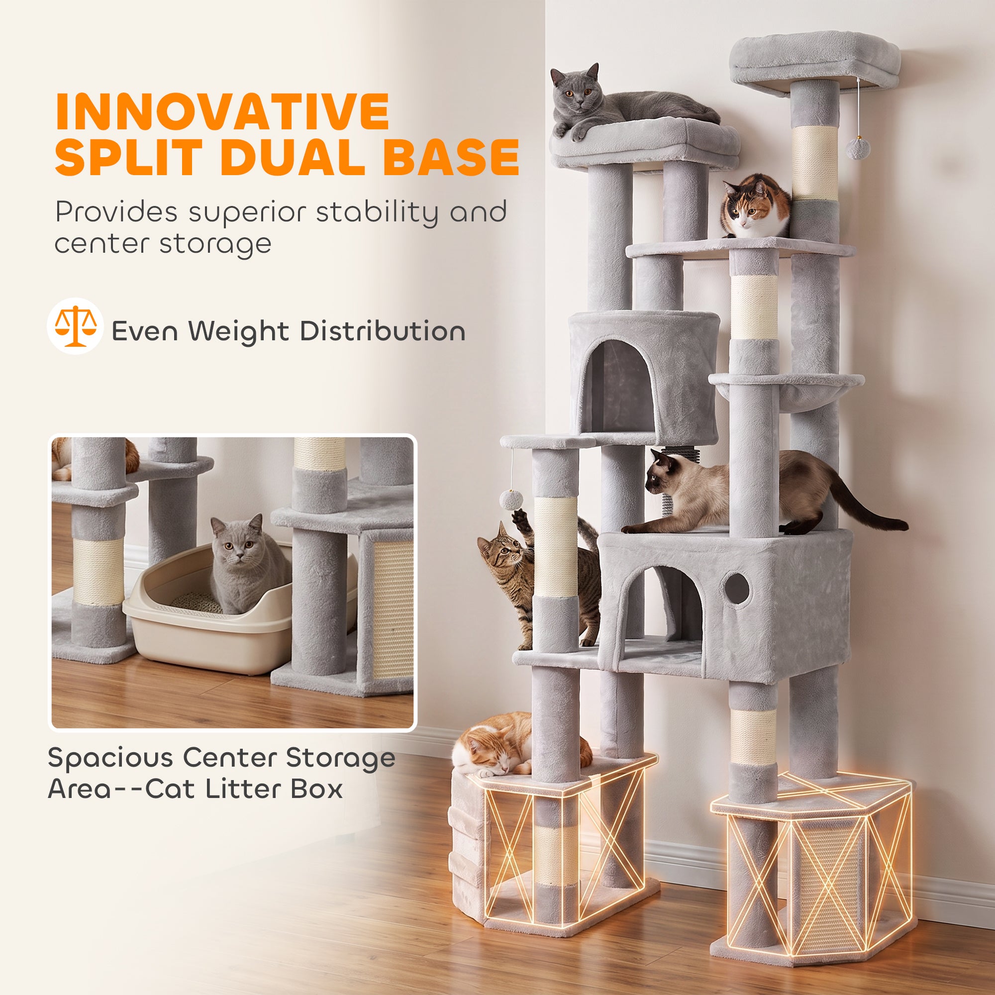 79" Tall Cat Tree for Indoor Large Cats Adult, Multi-Level Kitty Tower Split Baseboard, 2 Condos, 2 Beds, 5 Sisal Scratching Posts, Hammock, Self-Grooming Brush