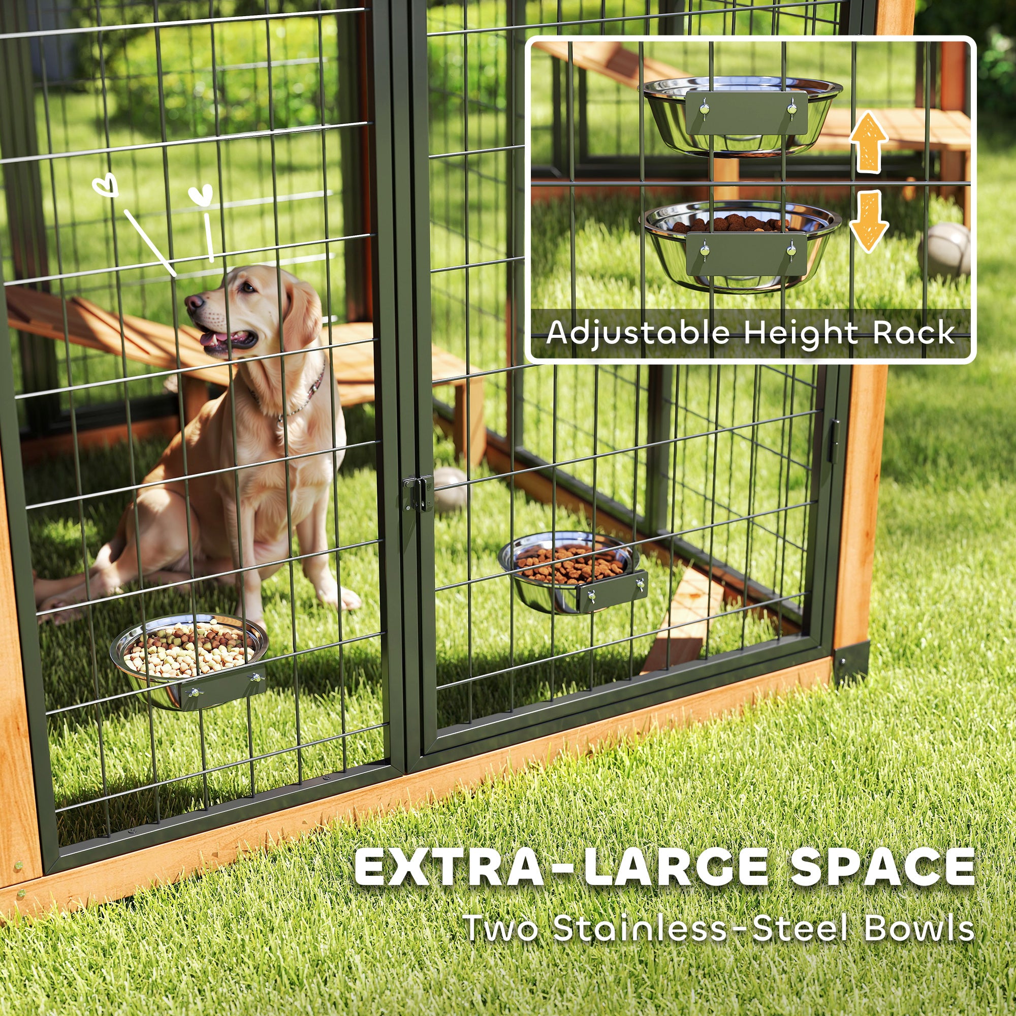 7' x 5' Extra Large Dog House, Wood Outdoor Dog Kennel with Activity Platform, Stairs, Storage Cabinet, Pet Shelter with Waterproof Roof, Stainless Steel Bowls for Large Breeds, Yellow