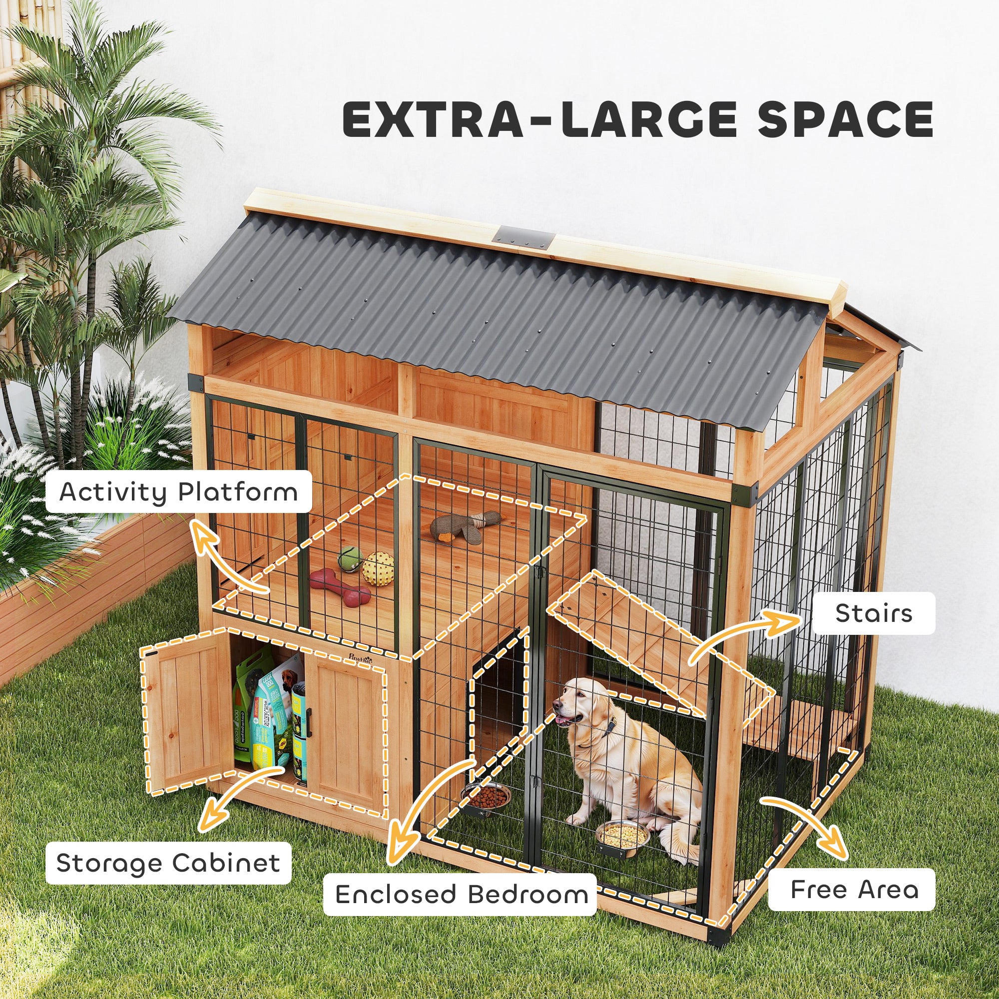 7' x 5' Extra Large Dog House, Wood Outdoor Dog Kennel with Activity Platform, Stairs, Storage Cabinet, Pet Shelter with Waterproof Roof, Stainless Steel Bowls for Large Breeds, Yellow