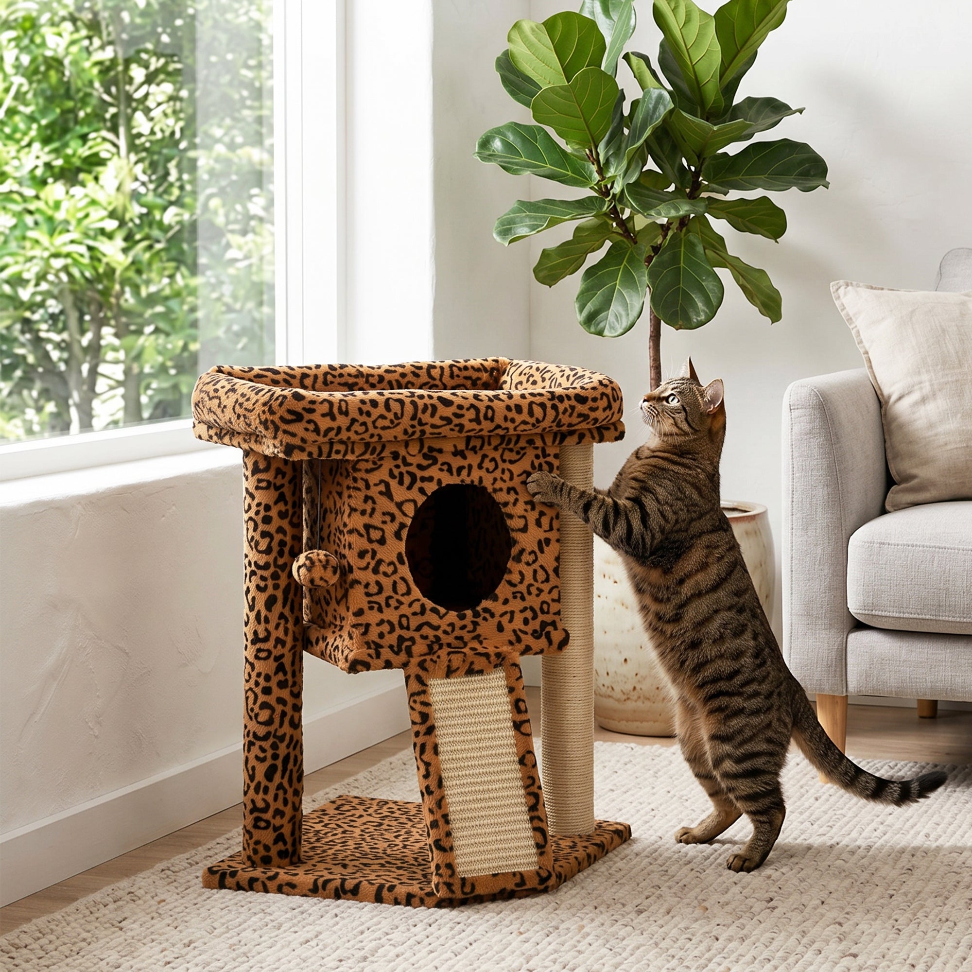 Cat Tree, Small Cat Tower with Perch, Scratching Post, Pet Condo, Toy Ball for Kitty, Indoor Use, Leopard Print
