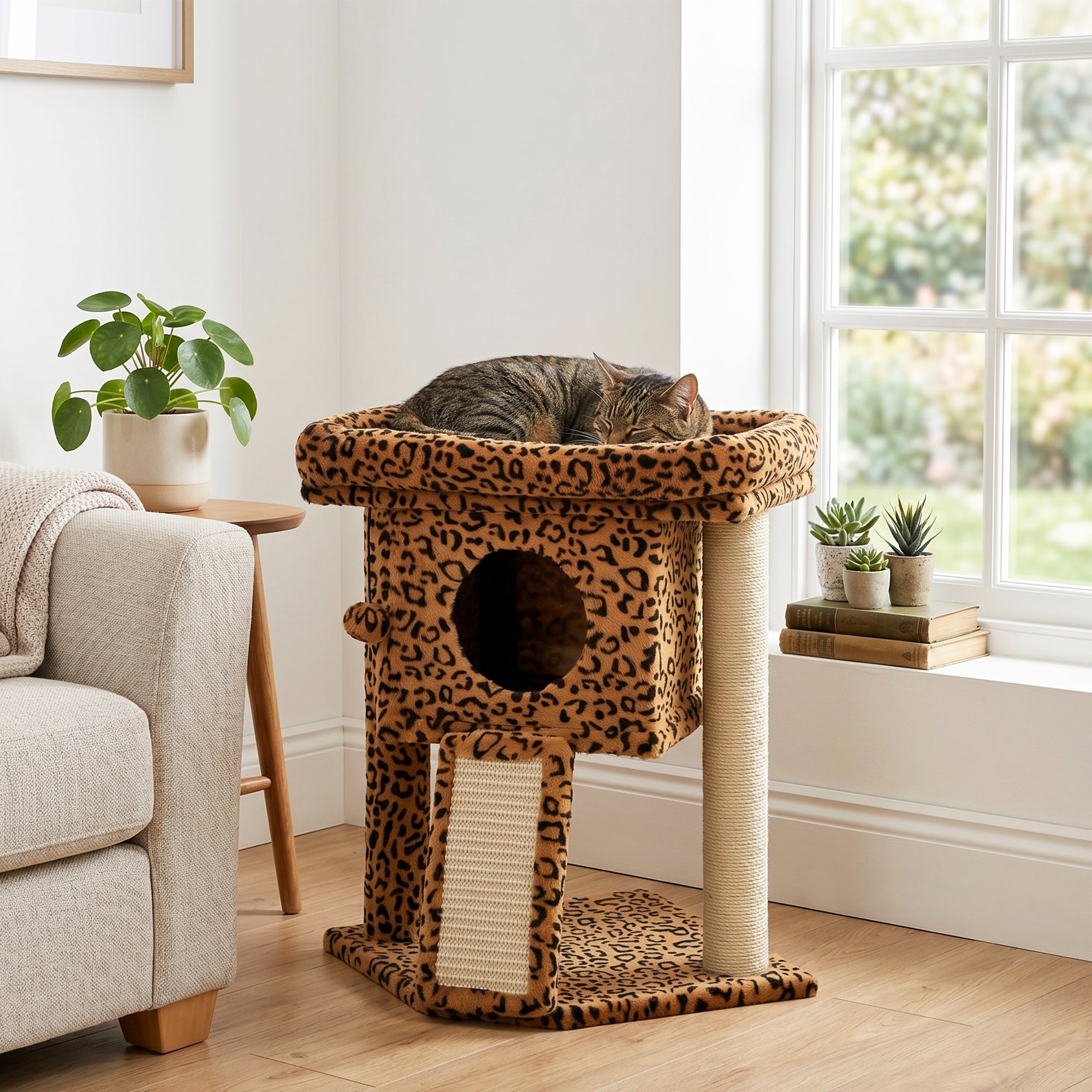 Cat Tree, Small Cat Tower with Perch, Scratching Post, Pet Condo, Toy Ball for Kitty, Indoor Use, Leopard Print