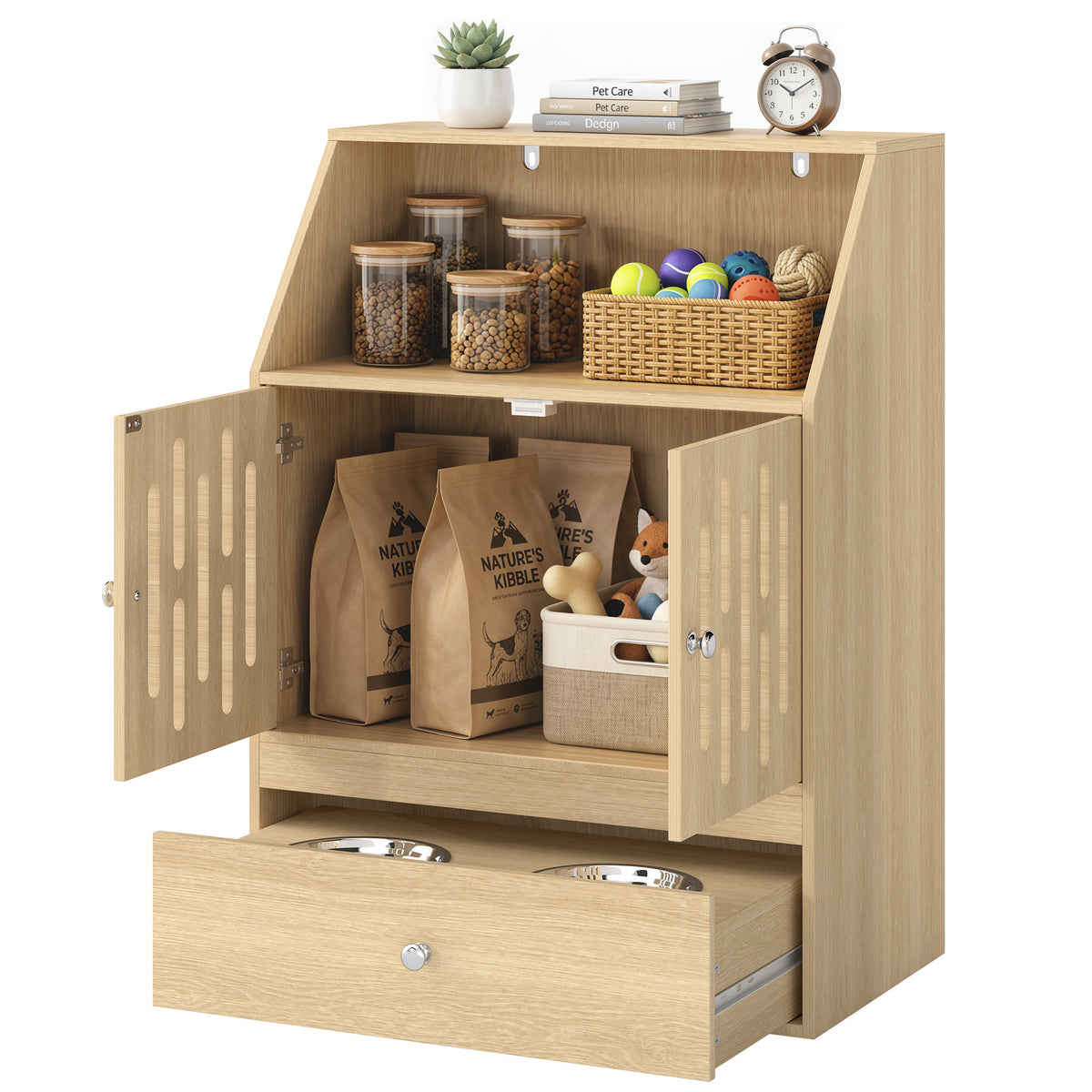 Dog Feeding Station Food Storage w/ 2 Elevated Bowls & Slow-Feed Mat, Hidden Pet Feeding Station, Pet Food Storage Cabinet Organizer, Sliding Drawer, Hidden Feeder for Cats & Dogs