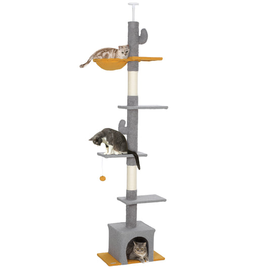 Floor to Ceiling Cat Tree, Cat Tower with 90.5"-108" Adjustable Height, 5 Tier Activity Centre with Scratching Posts, Hammock, Condo, Toy Ball for Indoor Cats, Light Grey
