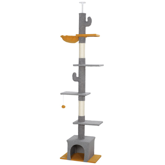 Floor to Ceiling Cat Tree, Cat Tower with 90.5"-108" Adjustable Height, 5 Tier Activity Centre with Scratching Posts, Hammock, Condo, Toy Ball for Indoor Cats, Light Grey