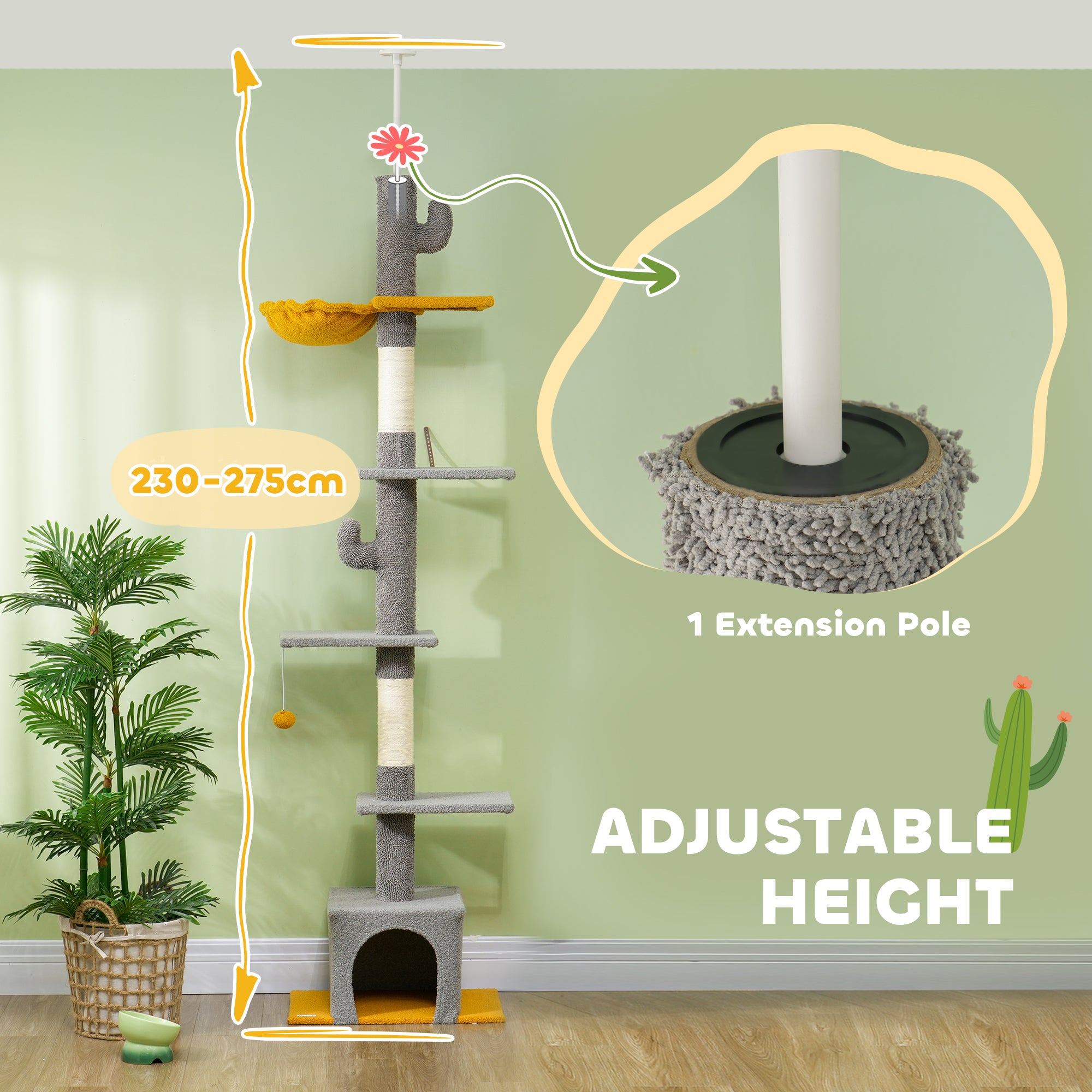 Floor to Ceiling Cat Tree, Cat Tower with 90.5"-108" Adjustable Height, 5 Tier Activity Centre with Scratching Posts, Hammock, Condo, Toy Ball for Indoor Cats, Light Grey