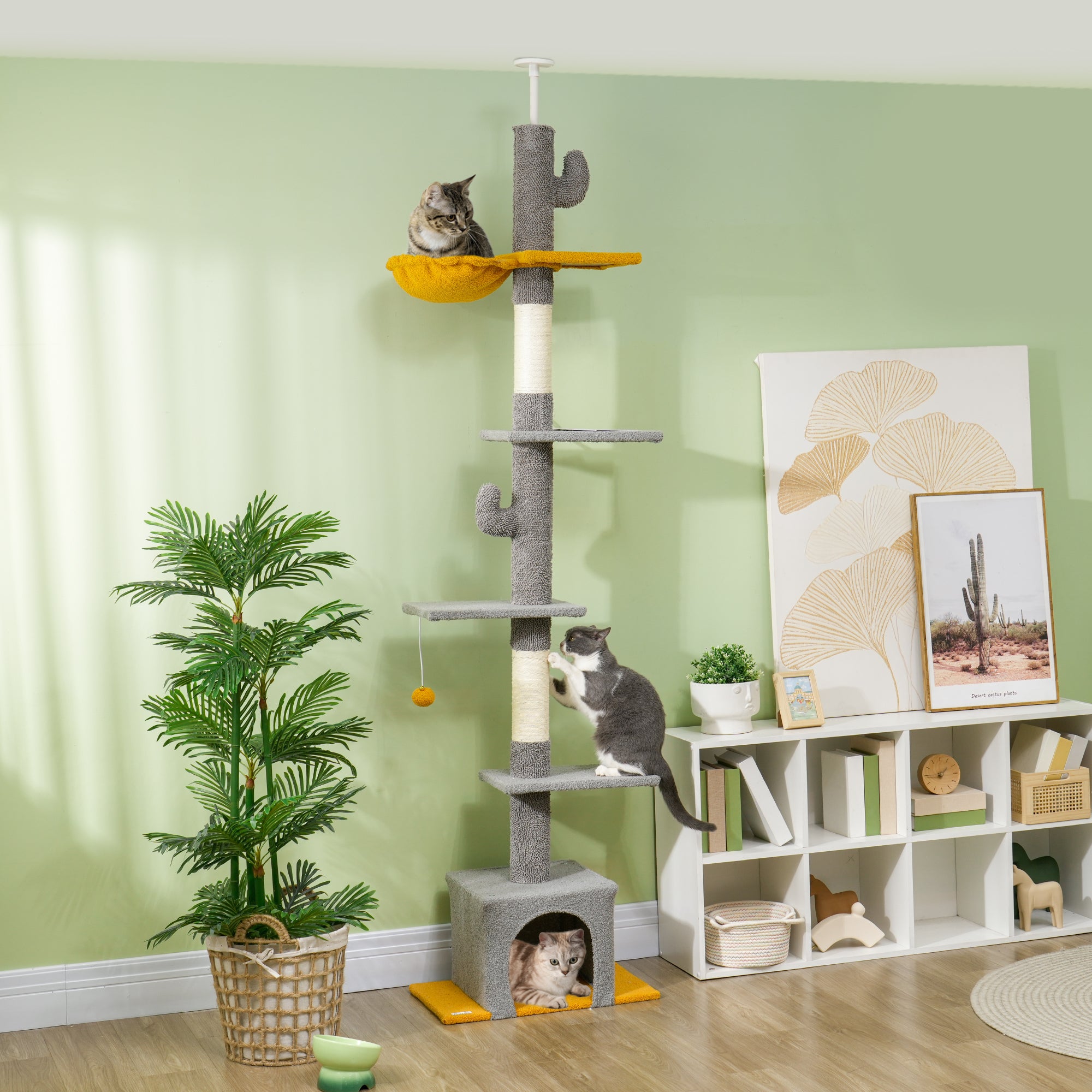 Floor to Ceiling Cat Tree, Cat Tower with 90.5"-108" Adjustable Height, 5 Tier Activity Centre with Scratching Posts, Hammock, Condo, Toy Ball for Indoor Cats, Light Grey