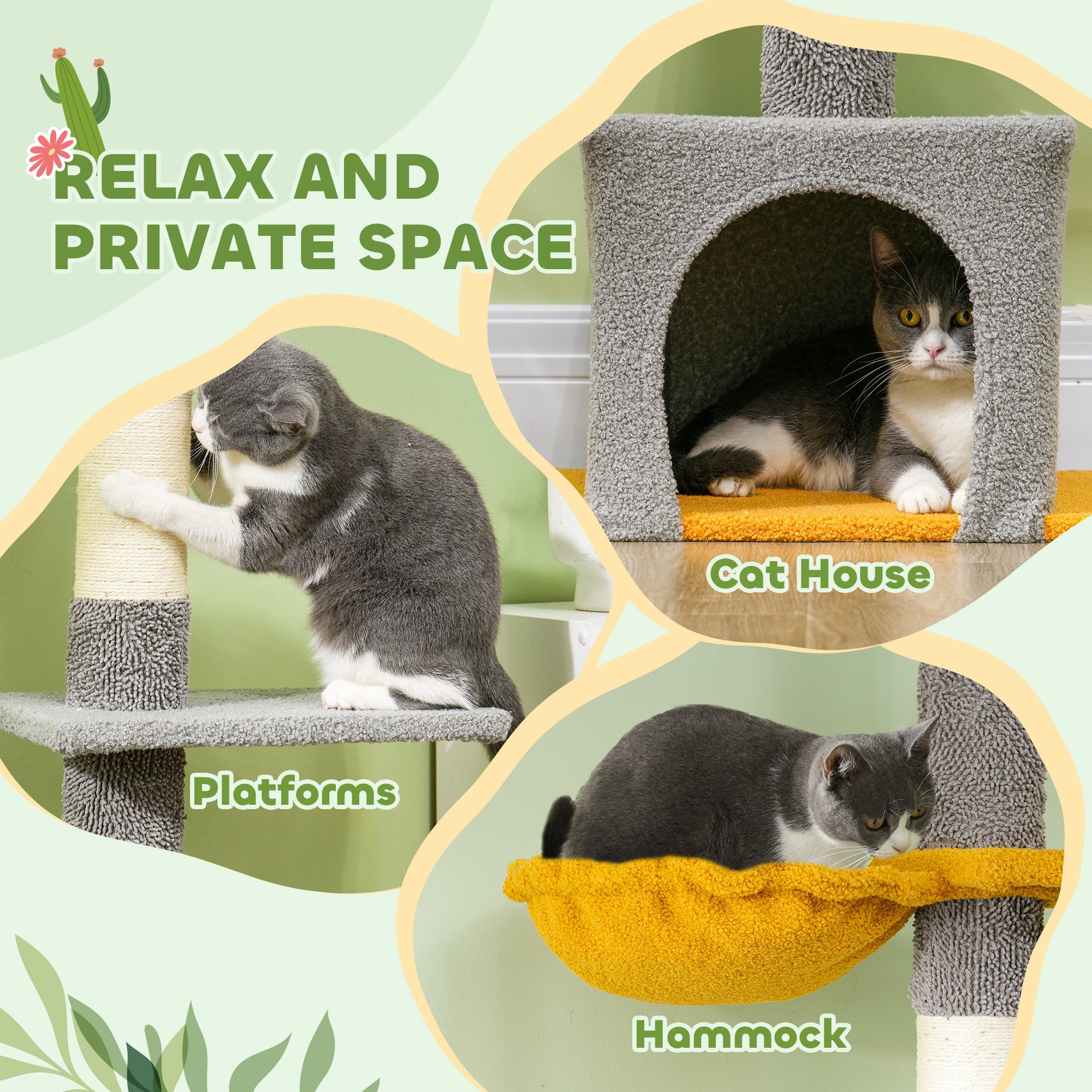 Floor to Ceiling Cat Tree, Cat Tower with 90.5"-108" Adjustable Height, 5 Tier Activity Centre with Scratching Posts, Hammock, Condo, Toy Ball for Indoor Cats, Light Grey