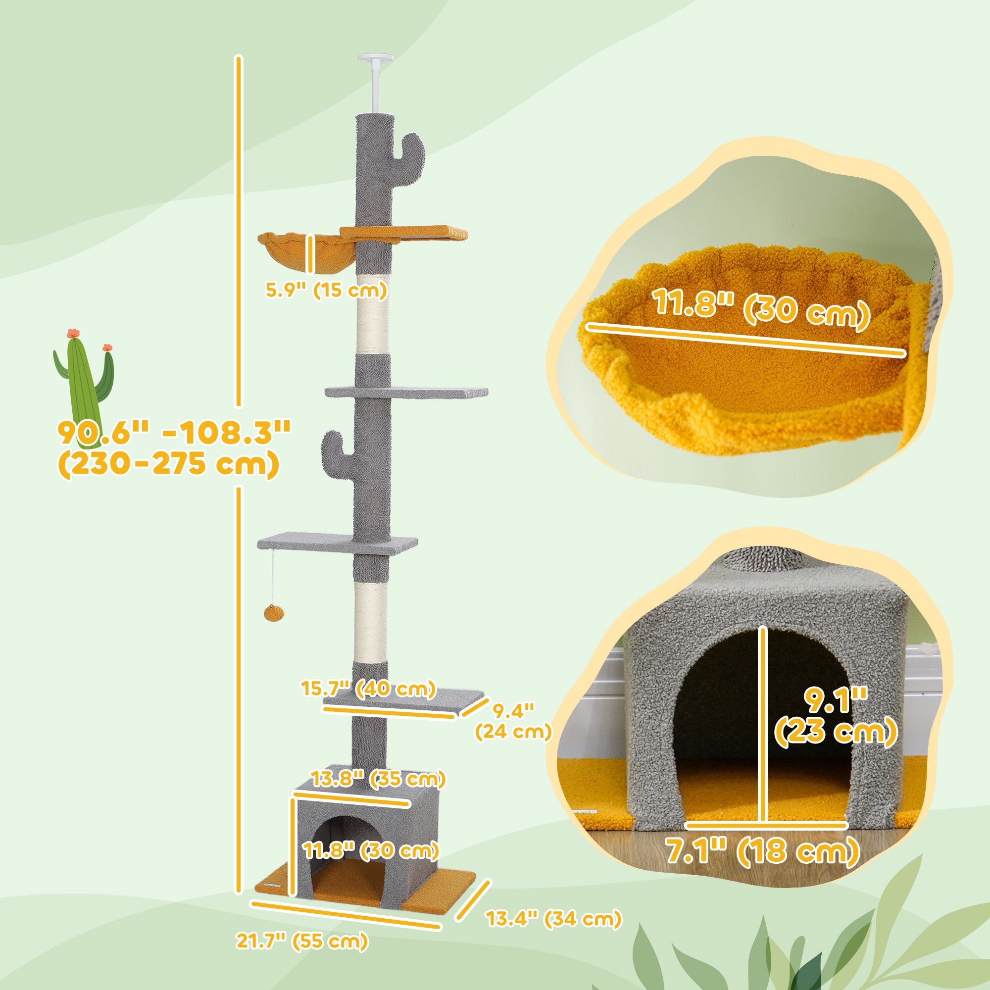 Floor to Ceiling Cat Tree, Cat Tower with 90.5"-108" Adjustable Height, 5 Tier Activity Centre with Scratching Posts, Hammock, Condo, Toy Ball for Indoor Cats, Light Grey