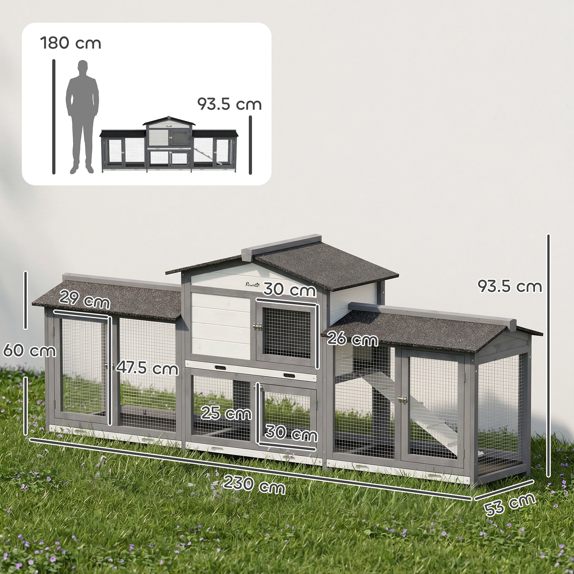 Large Rabbit Hutch, 2-Tier Wooden Guinea Pig Hutch with Double Side Run Boxes, Outdoor Bunny Cage Hide House with Waterproof Roof, Sliding Tray, Ramp, 230 x 53 x 93.5cm, Light Grey