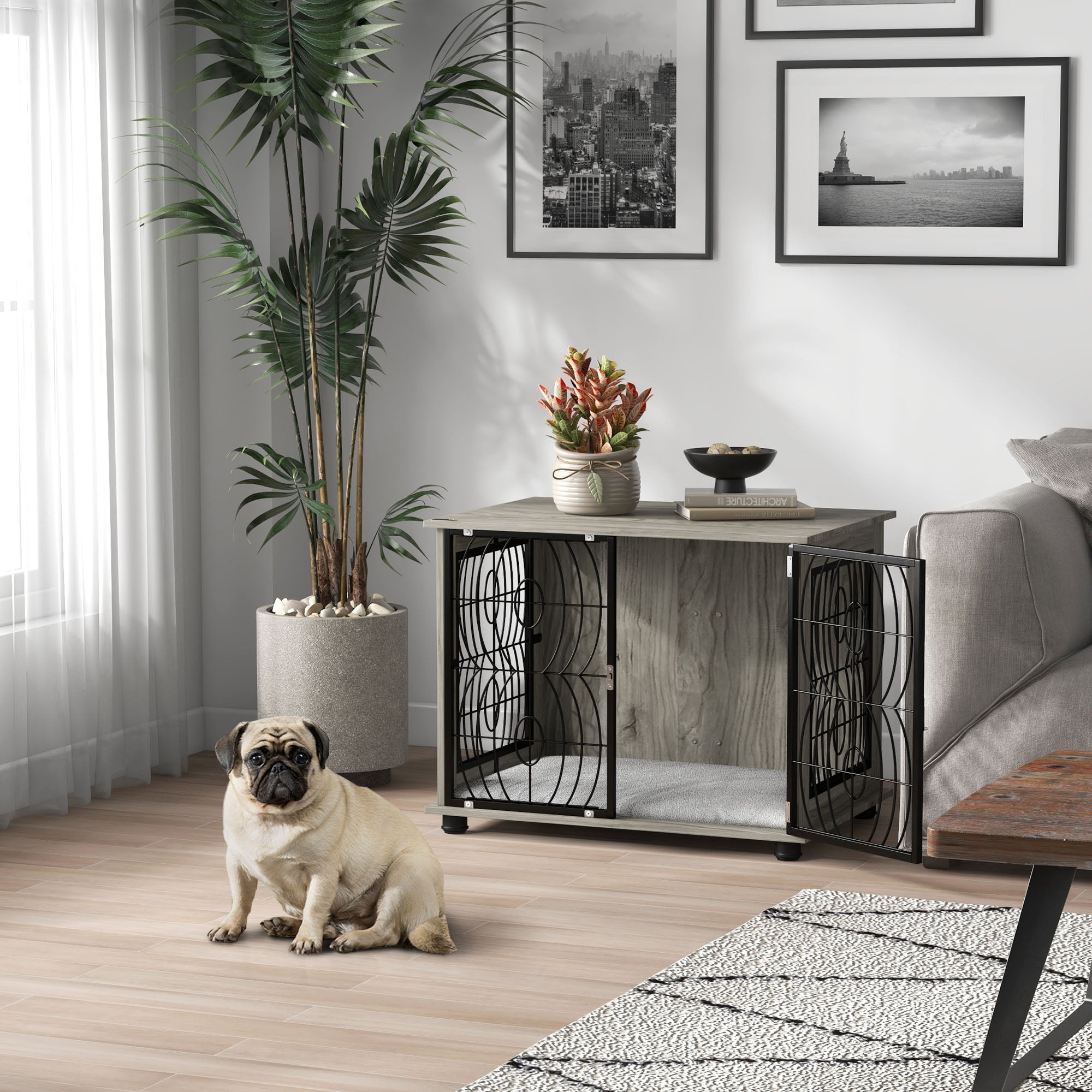 Dog Crate Furniture, Dog Cage End Table with Large Top, Soft Washable Cushion, Lockable Front Door, Wire Mesh Ventilation, Indoor Pet Crate for Medium Sized, 80 x 56 x 63cm - Grey