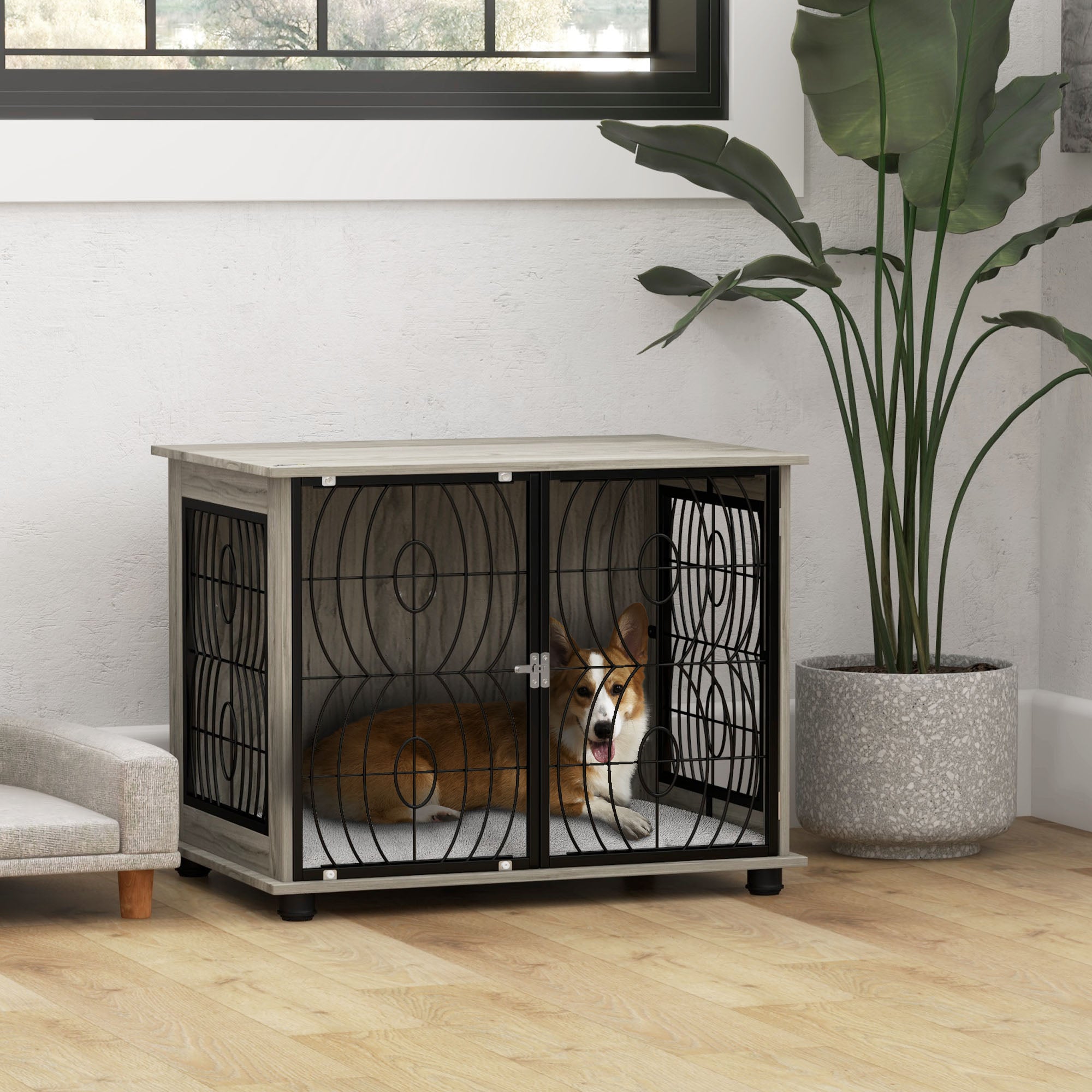 Dog Crate Furniture, Dog Cage End Table with Large Top, Soft Washable Cushion, Lockable Front Door, Wire Mesh Ventilation, Indoor Pet Crate for Medium Sized, 80 x 56 x 63cm - Grey