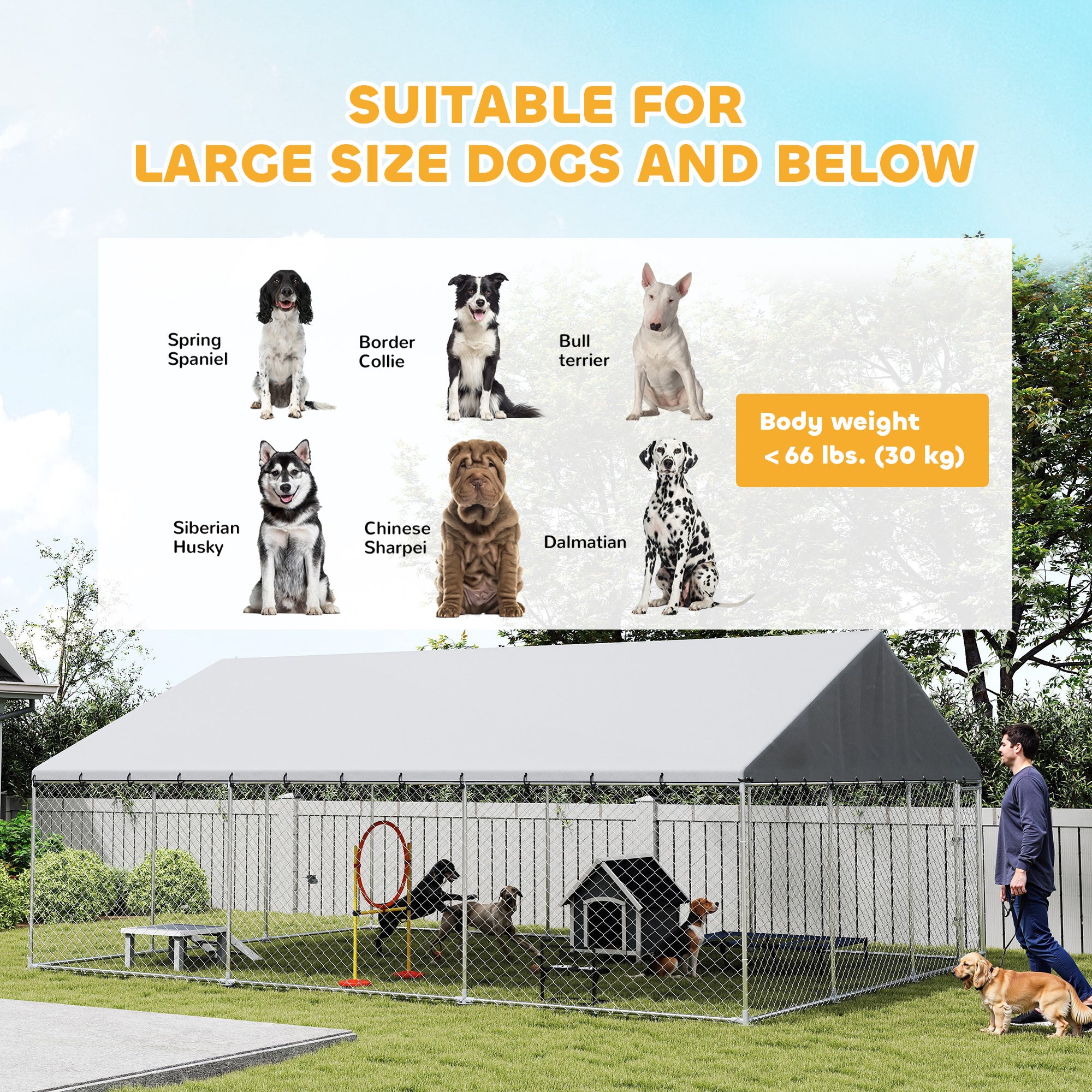 Outdoor Dog Kennel, 20' x 15' x 8', Heavy Duty Large Dog Kennel Outside w/ Waterproof Roof, Galvanized Chain Link Pet Enclosure w/ 2 Secure Locks, for Large Breed, Chicken, Duck