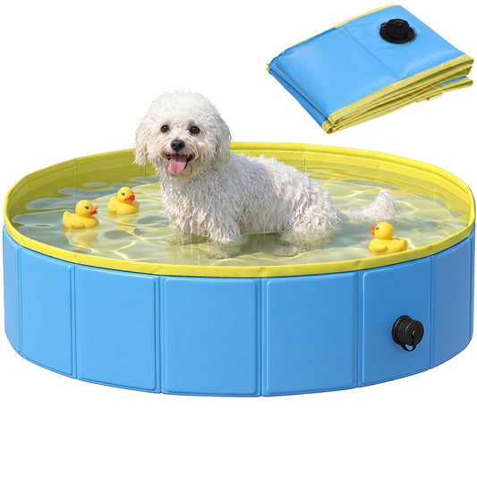 Foldable Dog Pool for Puppies and Ducks, Thickened PVC Dog Paddling Pool Bath Tub Hard Board, Anti-Slip Bottom and Hose Adapter for Easy Drainage, 80 x 20cm, Blue and Yellow