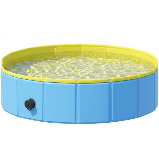 Foldable Dog Pool for Puppies and Ducks, Thickened PVC Dog Paddling Pool Bath Tub Hard Board, Anti-Slip Bottom and Hose Adapter for Easy Drainage, 80 x 20cm, Blue and Yellow