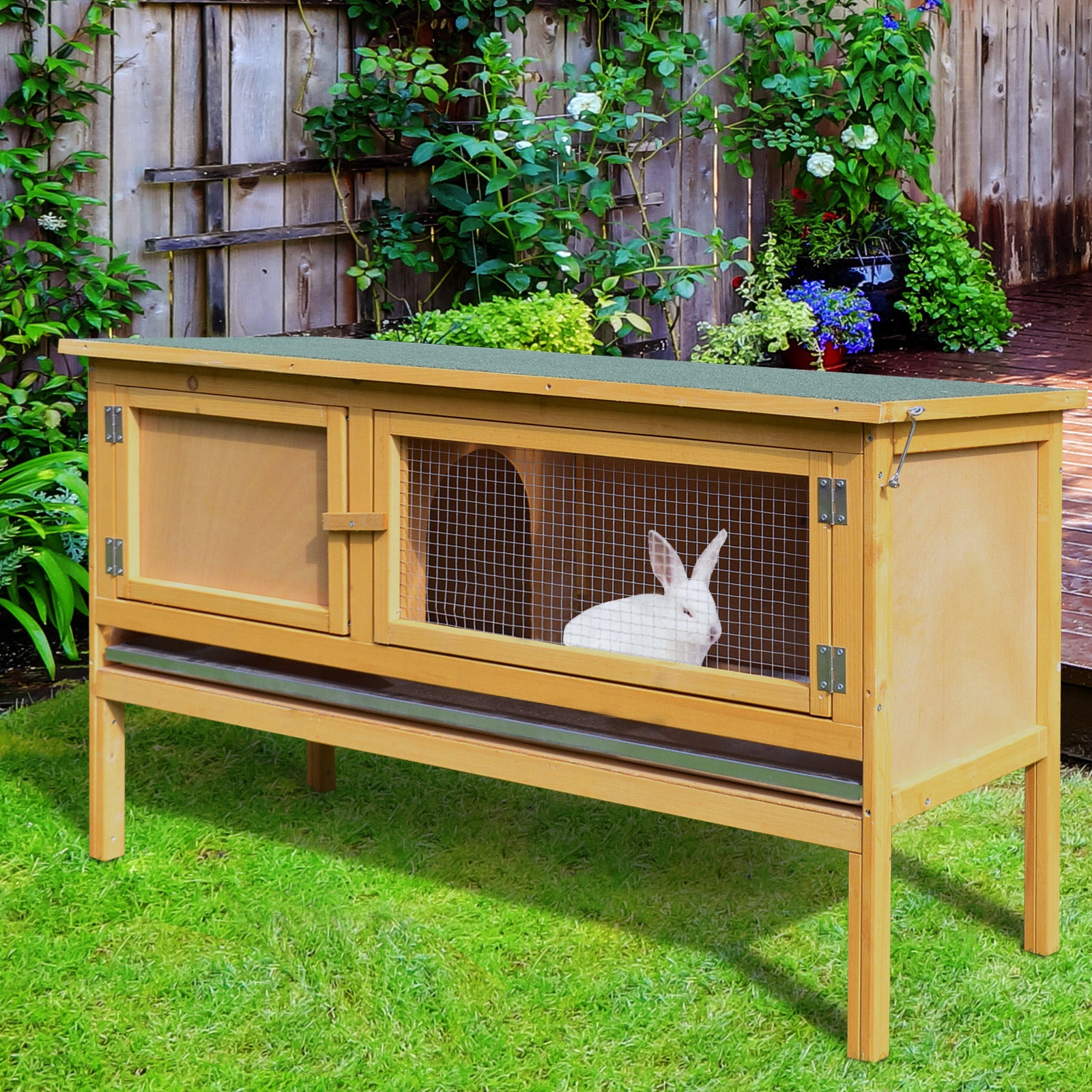 PawHut Wooden Rabbit Hutch Bunny Cage with Openable Waterproof Roof, No Leak Tray Sturdy Fir Wood Build for Indoor/Outdoor