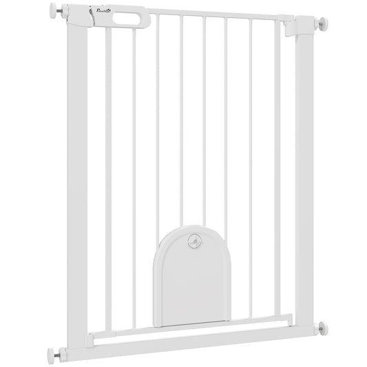 30"-32" Extra Wide Pet Gate with Small Door, 35"H Dog Gate with Safety Gate Barrier, Stair Pressure Fit, Auto Close, Double Locking, for Doorways, Hallways, White