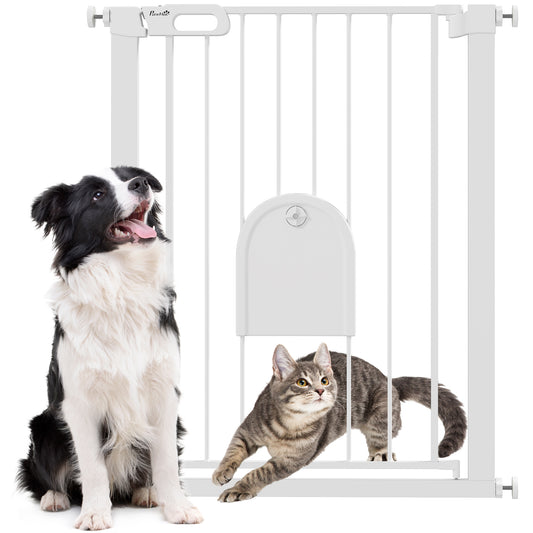 30"-32" Extra Wide Pet Gate with Small Door, 35"H Dog Gate with Safety Gate Barrier, Stair Pressure Fit, Auto Close, Double Locking, for Doorways, Hallways, White