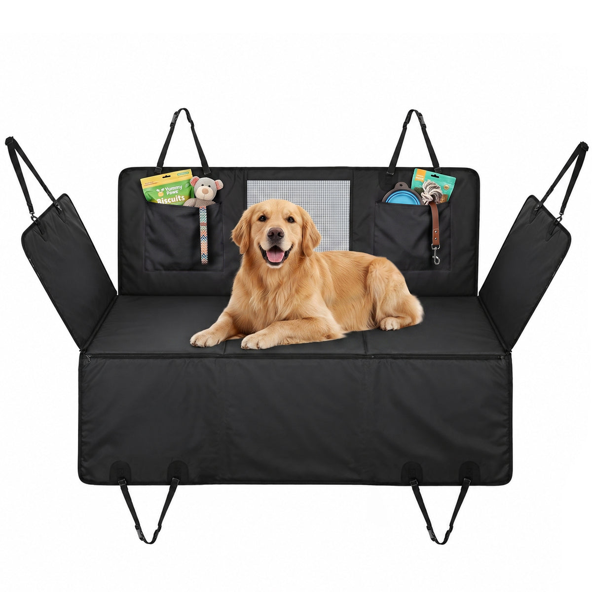 Dog Car Seat Cover for Back Seat, Hard Bottom Back Seat Extender, Waterproof Dog Hammock for Car & SUV with Non-Slip & Scratch-Resistant Surface, Mesh Window and Pockets, 58"L, Black
