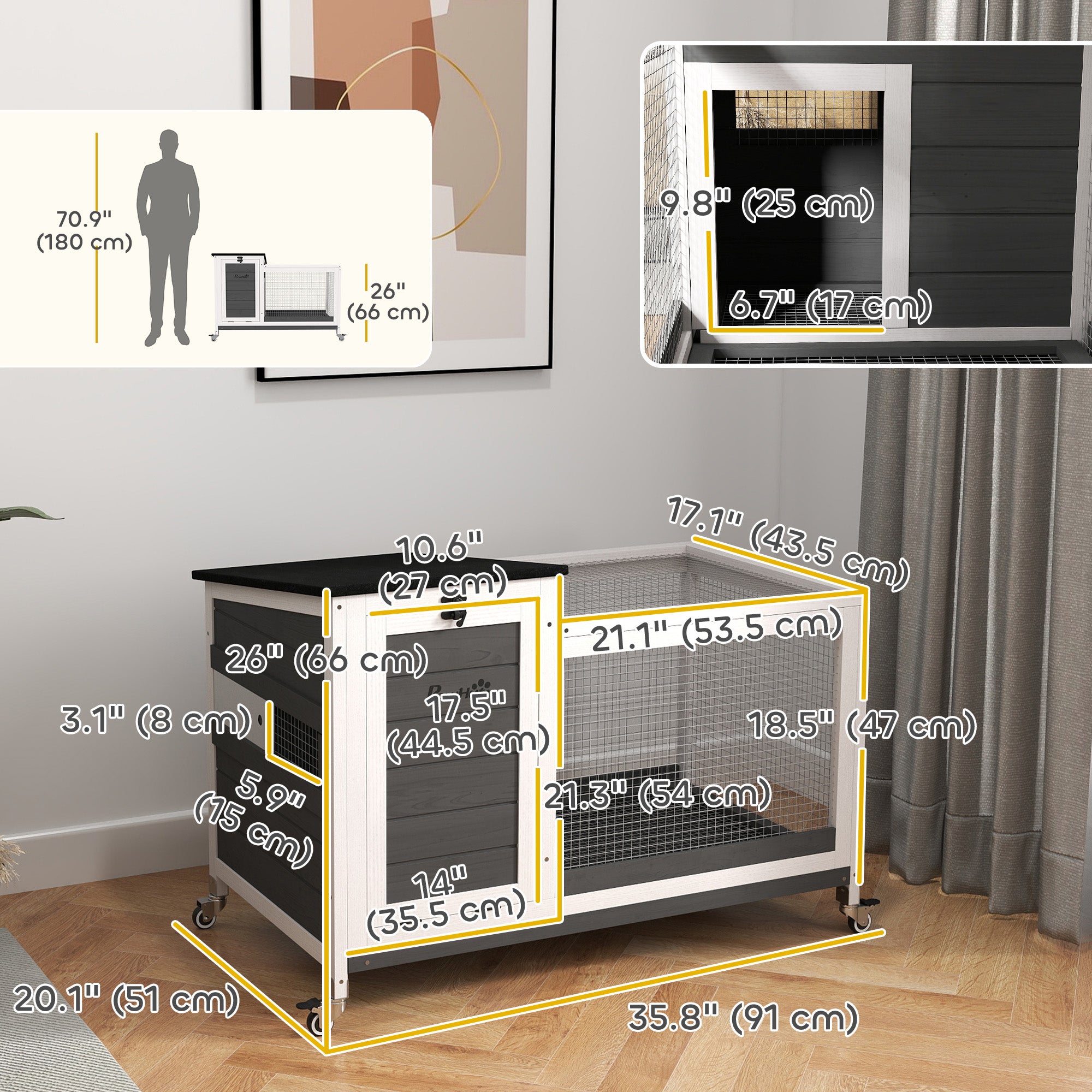 Wooden Rabbit Hutch, Indoor Outdoor Guinea Pig Cage with Pull-Out Tray, Asphalt Openable Roof, Small Animal Cage on Wheels with Run, Dark Grey