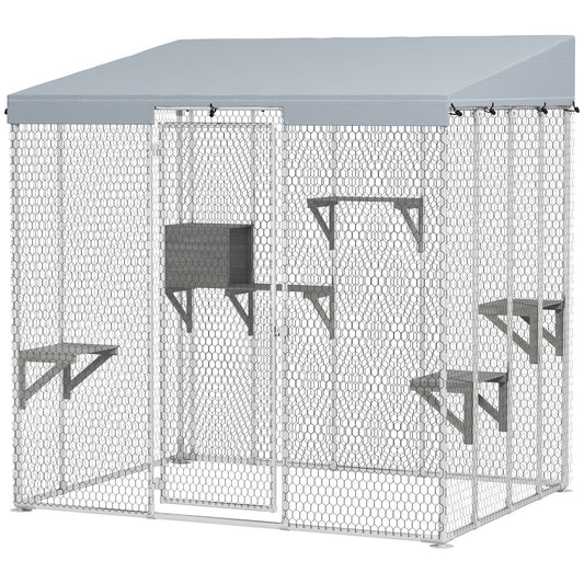 Catio Outdoor Cat Enclosure Large, 79" L Galvanized Steel Outdoor Cat House with 420D Waterproof Canopy, Multiple Platforms, Resting Condo, Lockable Door, for 1-3 Large Cats