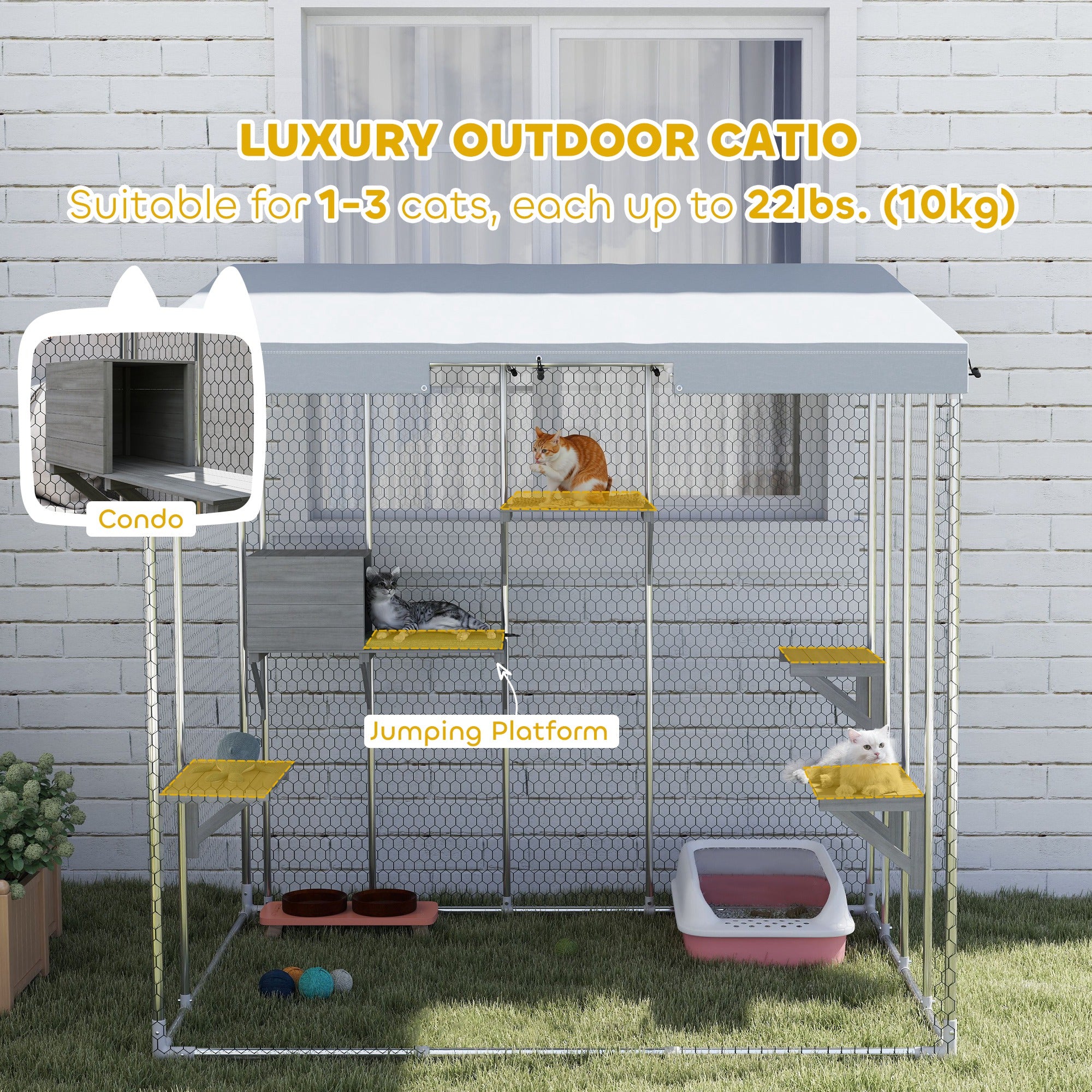 PawHut 79" Large Catio Outdoor Cat Enclosure, Galvanized Steel Outdoor Cat House with 420D Waterproof Canopy for 1-3 Large Cat, Walk-in Cat Cage with Sleeping Box, Jumping Platforms, Silver