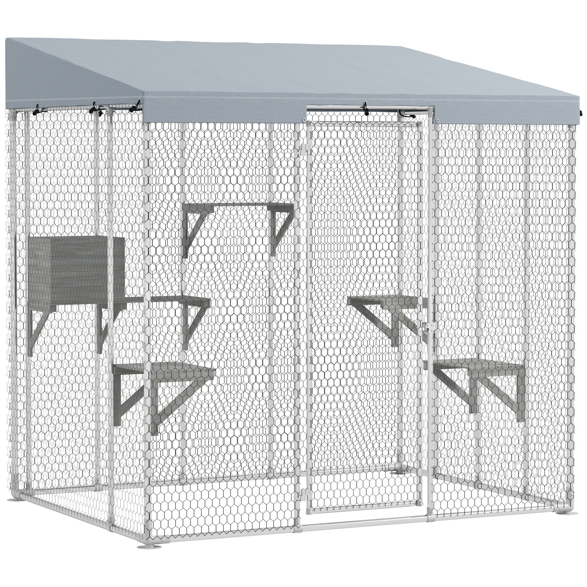 PawHut 79" Large Catio Outdoor Cat Enclosure, Galvanized Steel Outdoor Cat House with 420D Waterproof Canopy for 1-3 Large Cat, Walk-in Cat Cage with Sleeping Box, Jumping Platforms, Silver