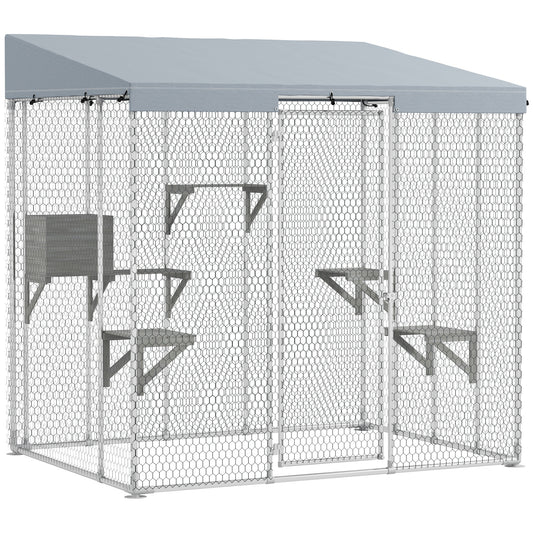 Catio Outdoor Cat Enclosure Large, 79" L Galvanized Steel Outdoor Cat House with 420D Waterproof Canopy, Multiple Platforms, Resting Condo, Lockable Door, for 1-3 Large Cats