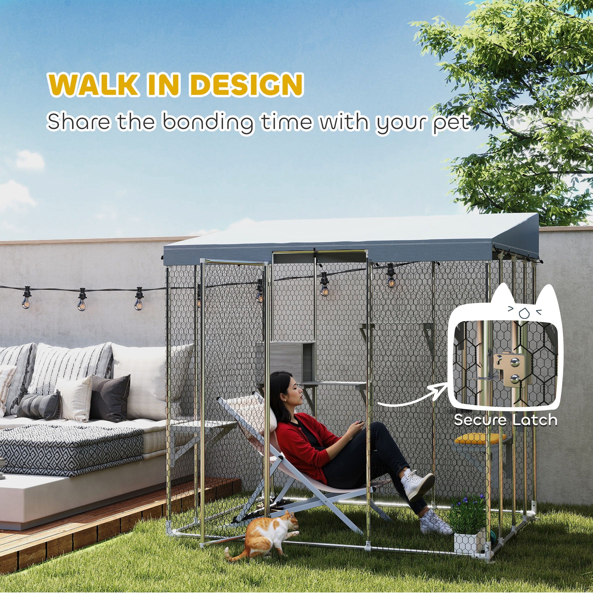 Catio Outdoor Cat Enclosure Large, 79" L Galvanized Steel Outdoor Cat House with 420D Waterproof Canopy, Multiple Platforms, Resting Condo, Lockable Door, for 1-3 Large Cats