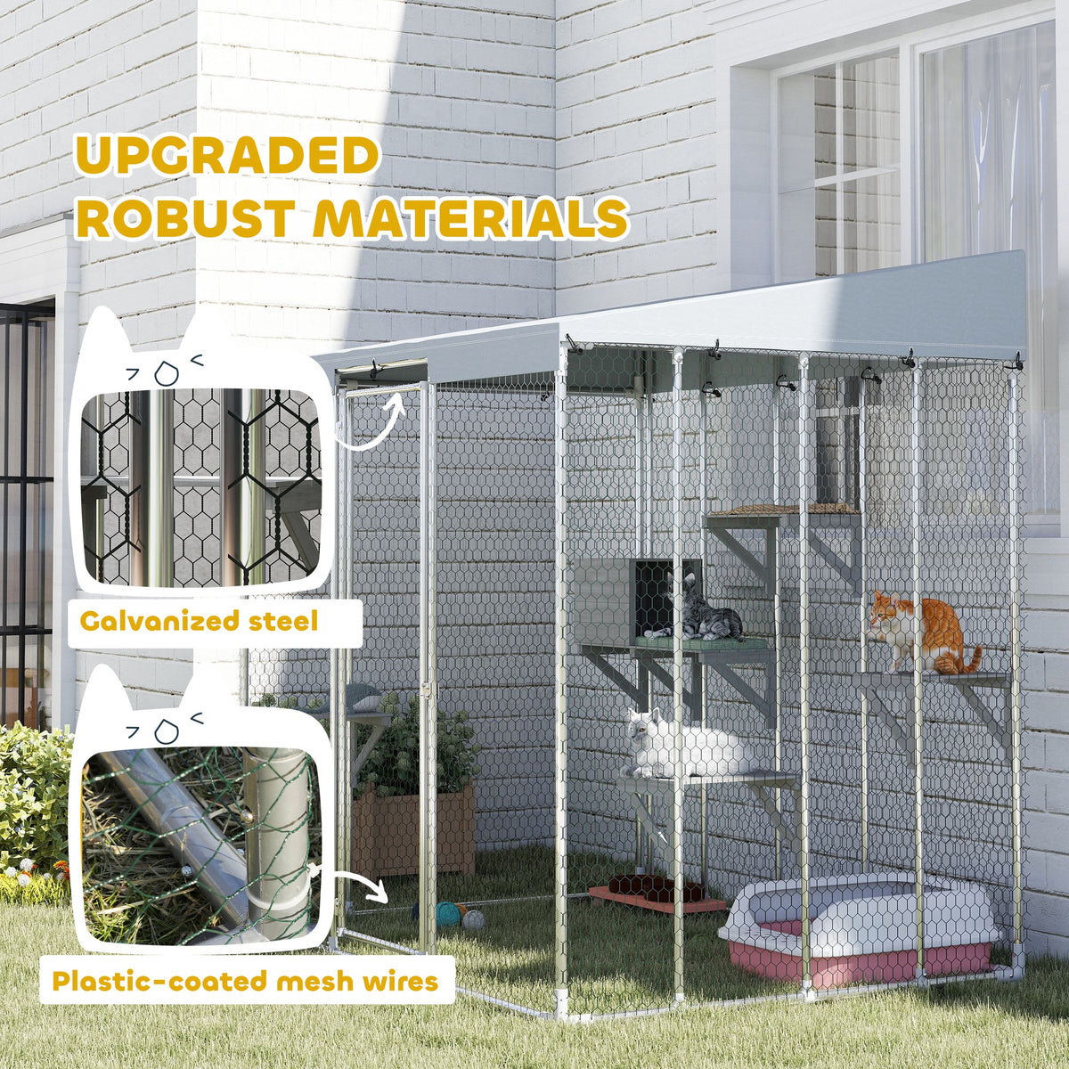 PawHut 79" Large Catio Outdoor Cat Enclosure, Galvanized Steel Outdoor Cat House with 420D Waterproof Canopy for 1-3 Large Cat, Walk-in Cat Cage with Sleeping Box, Jumping Platforms, Silver