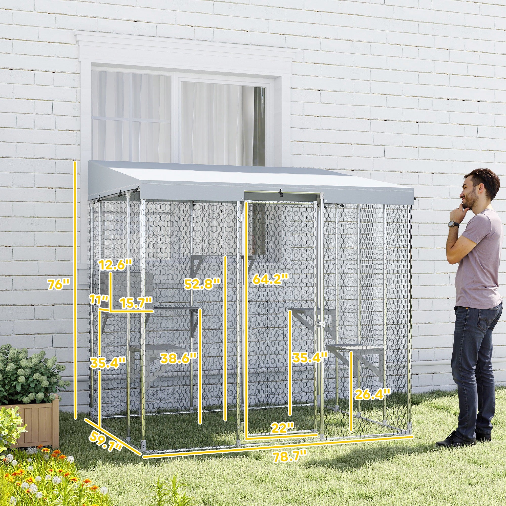 PawHut 79" Large Catio Outdoor Cat Enclosure, Galvanized Steel Outdoor Cat House with 420D Waterproof Canopy for 1-3 Large Cat, Walk-in Cat Cage with Sleeping Box, Jumping Platforms, Silver
