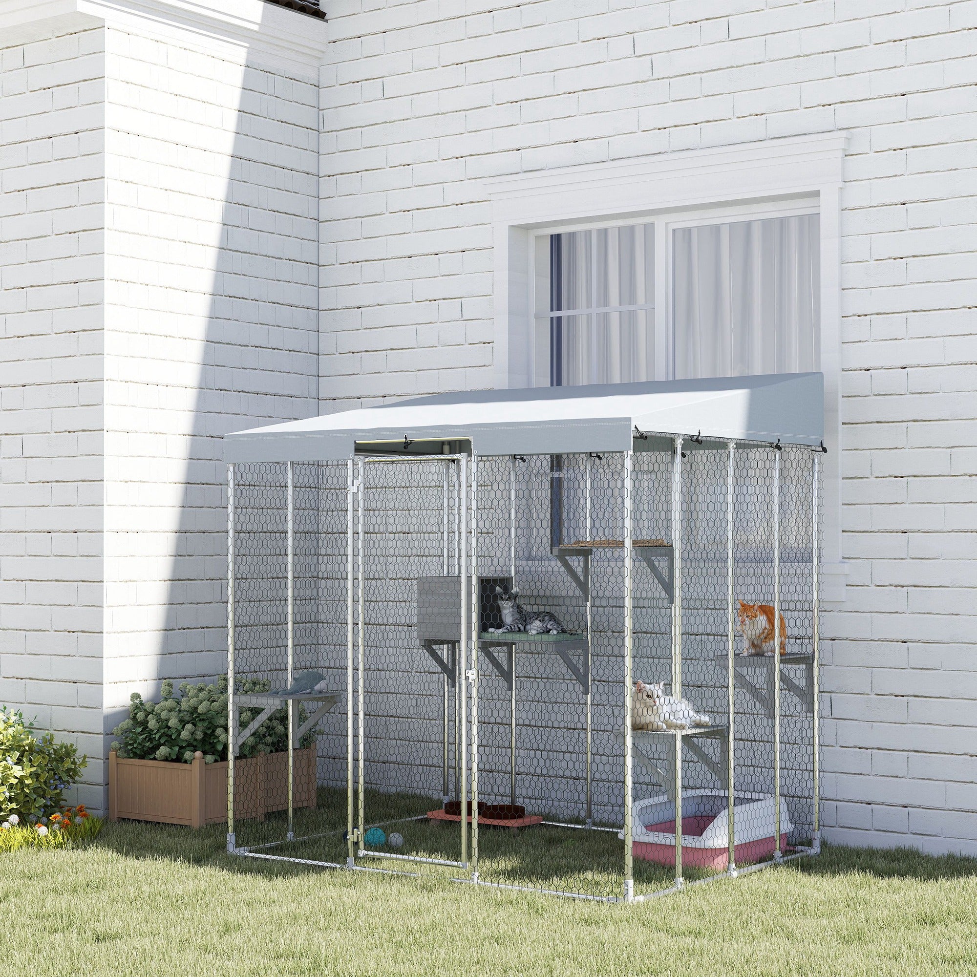 PawHut 79" Large Catio Outdoor Cat Enclosure, Galvanized Steel Outdoor Cat House with 420D Waterproof Canopy for 1-3 Large Cat, Walk-in Cat Cage with Sleeping Box, Jumping Platforms, Silver