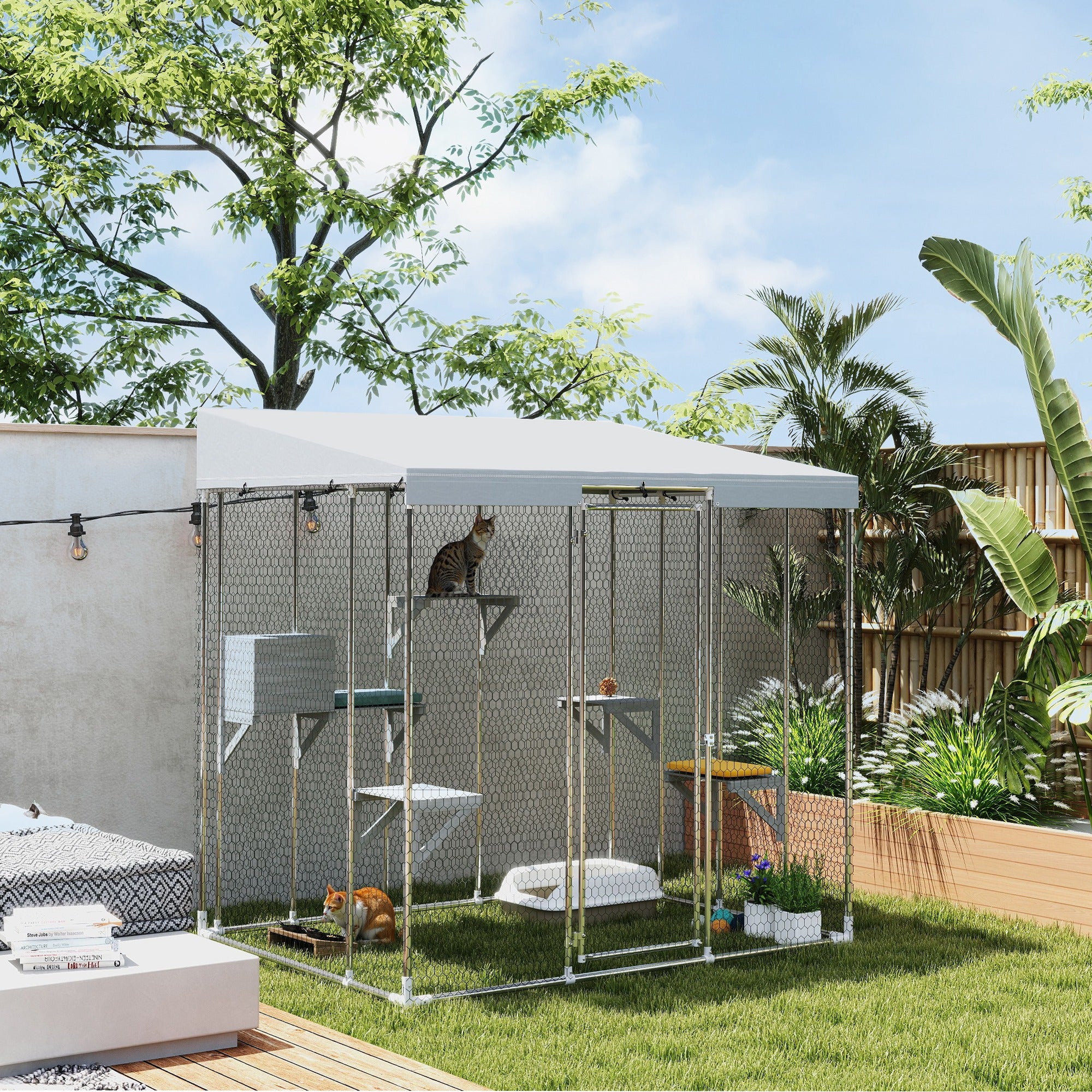 PawHut 79" Large Catio Outdoor Cat Enclosure, Galvanized Steel Outdoor Cat House with 420D Waterproof Canopy for 1-3 Large Cat, Walk-in Cat Cage with Sleeping Box, Jumping Platforms, Silver