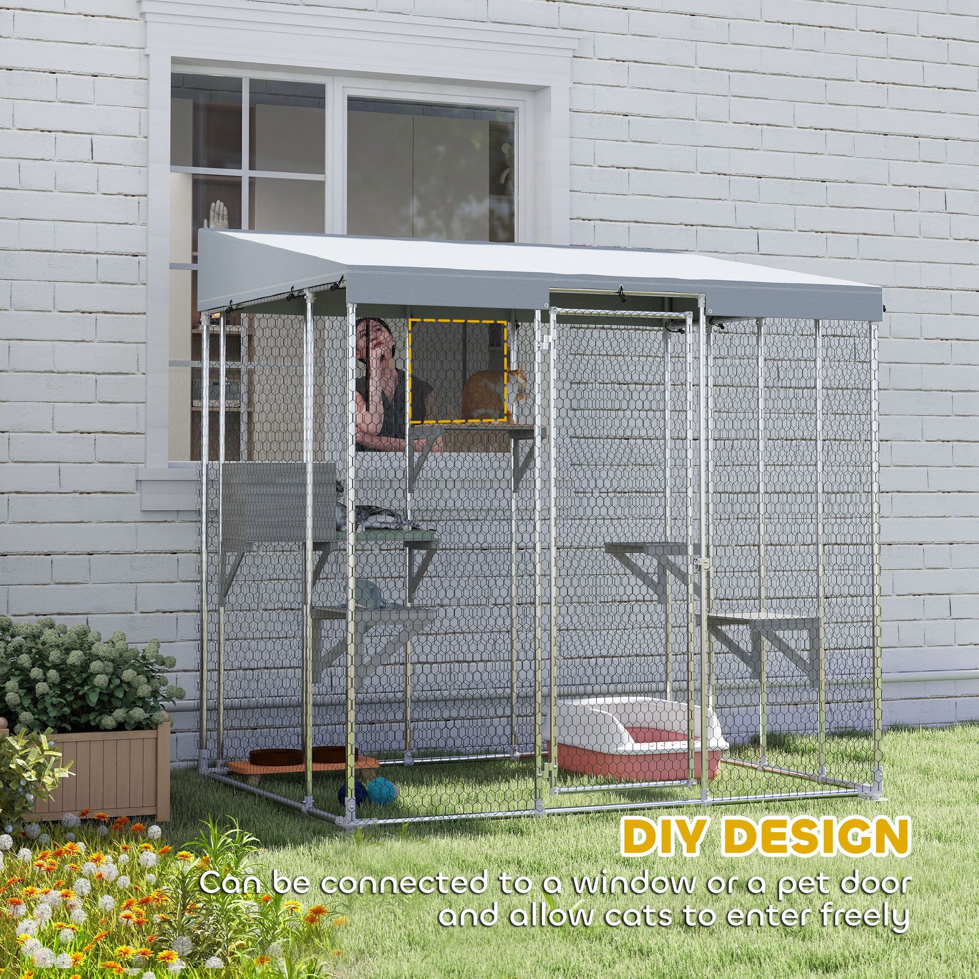 PawHut 79" Large Catio Outdoor Cat Enclosure, Galvanized Steel Outdoor Cat House with 420D Waterproof Canopy for 1-3 Large Cat, Walk-in Cat Cage with Sleeping Box, Jumping Platforms, Silver