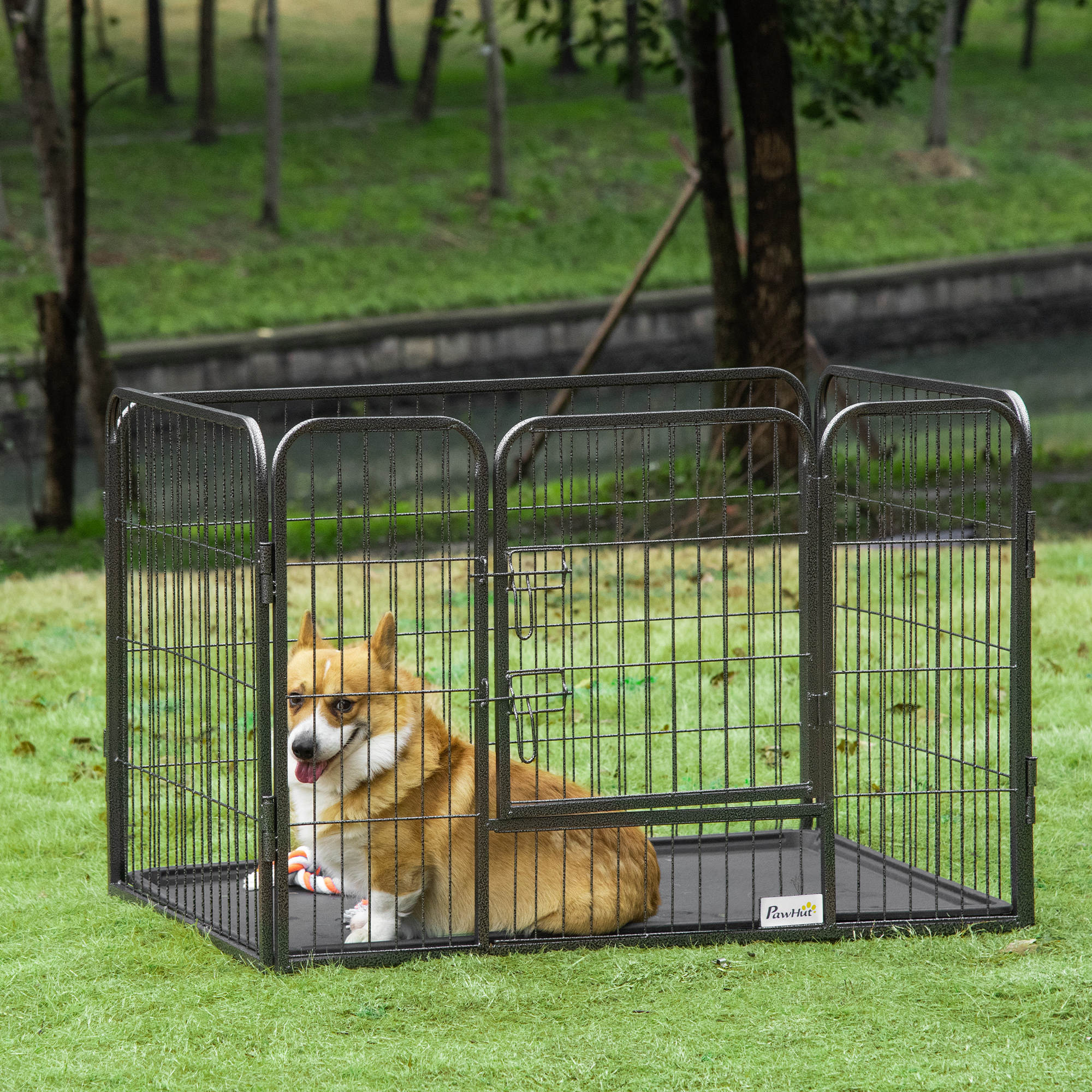 4 Panels Dog Playpen, Heavy Duty Dog Fence, 28" H Portable Pet Playpen with Door Double Locking Latches, No Leaking Tray for Indoor Outdoor Backyard Garden, Grey