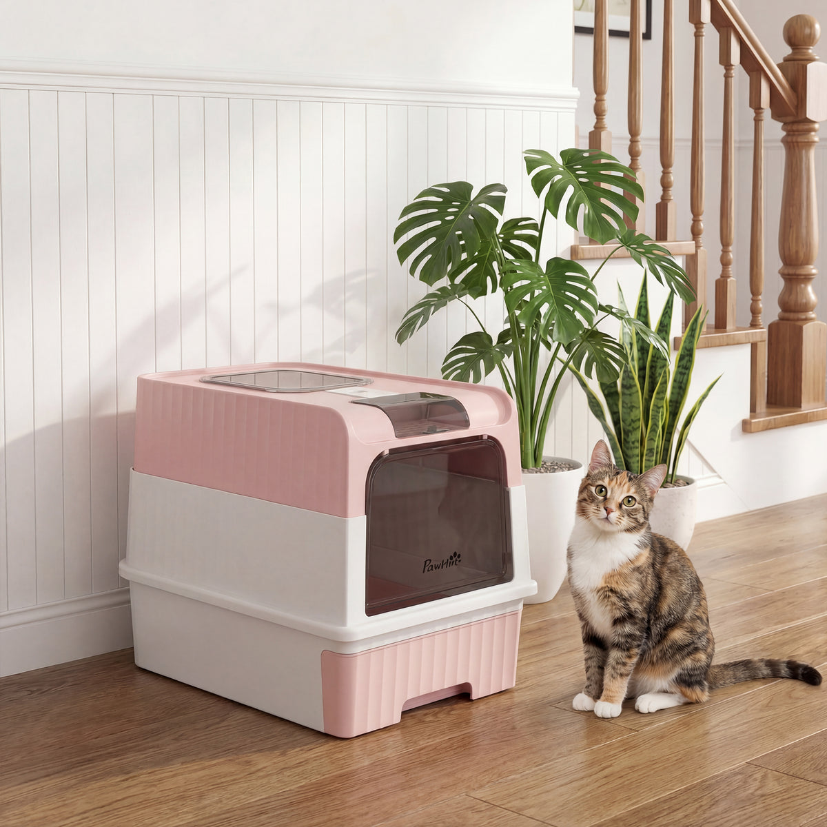 Cat litter Box with Lid, Enclosed Cat Litter Box with Pull-Out Drawer Tray, Scoop, 4 Deodorisation Bags, Front Entry & Top Exit, Privacy, Odour Control and Easy to Clean, Pink