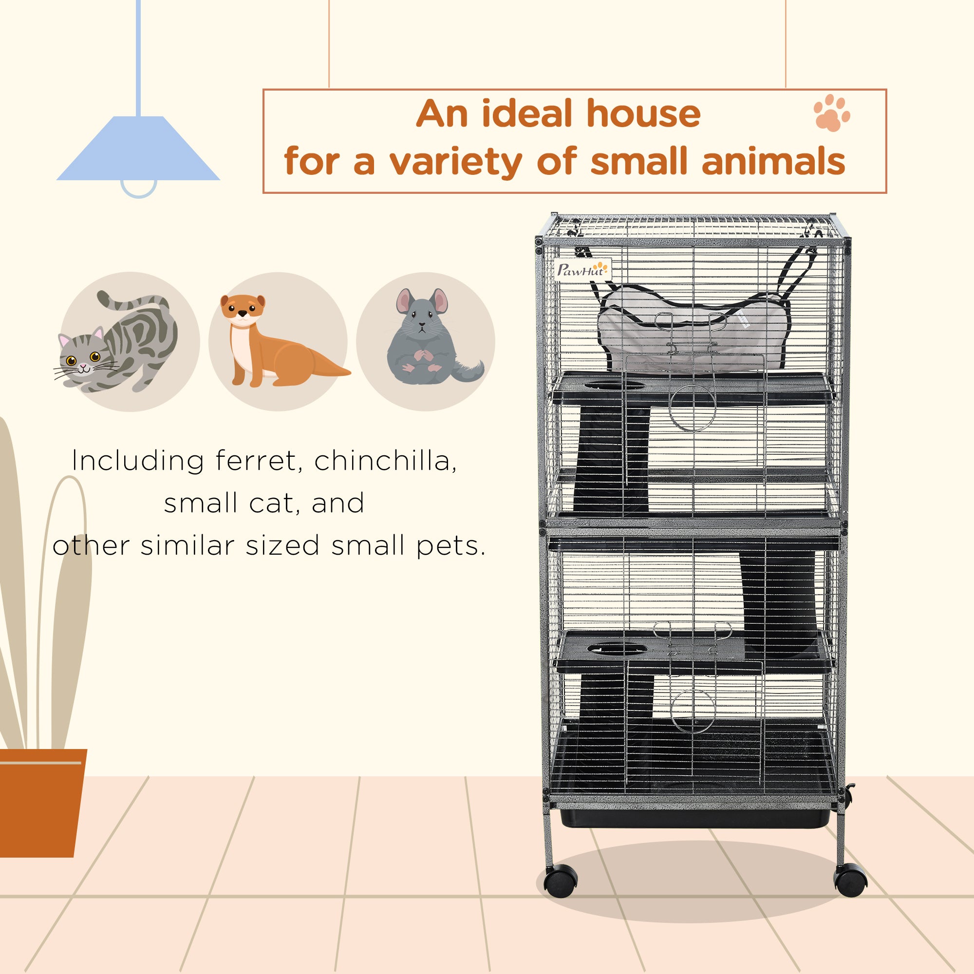Small Animal Cage with Wheels Pet Home for Chinchillas Ferrets Kittens, with Hammock, 4 Platforms, Removable Tray, Silver