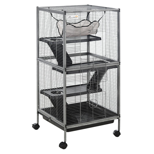 4-Tier Rolling Small Animal Cage, Deluxe Guinea Pig Cage, Ferret Cage for Mink Chinchilla Kitten Rabbit, Small Pet Play House with Hammock Platform, Ramp, Removable Tray, Silver Grey