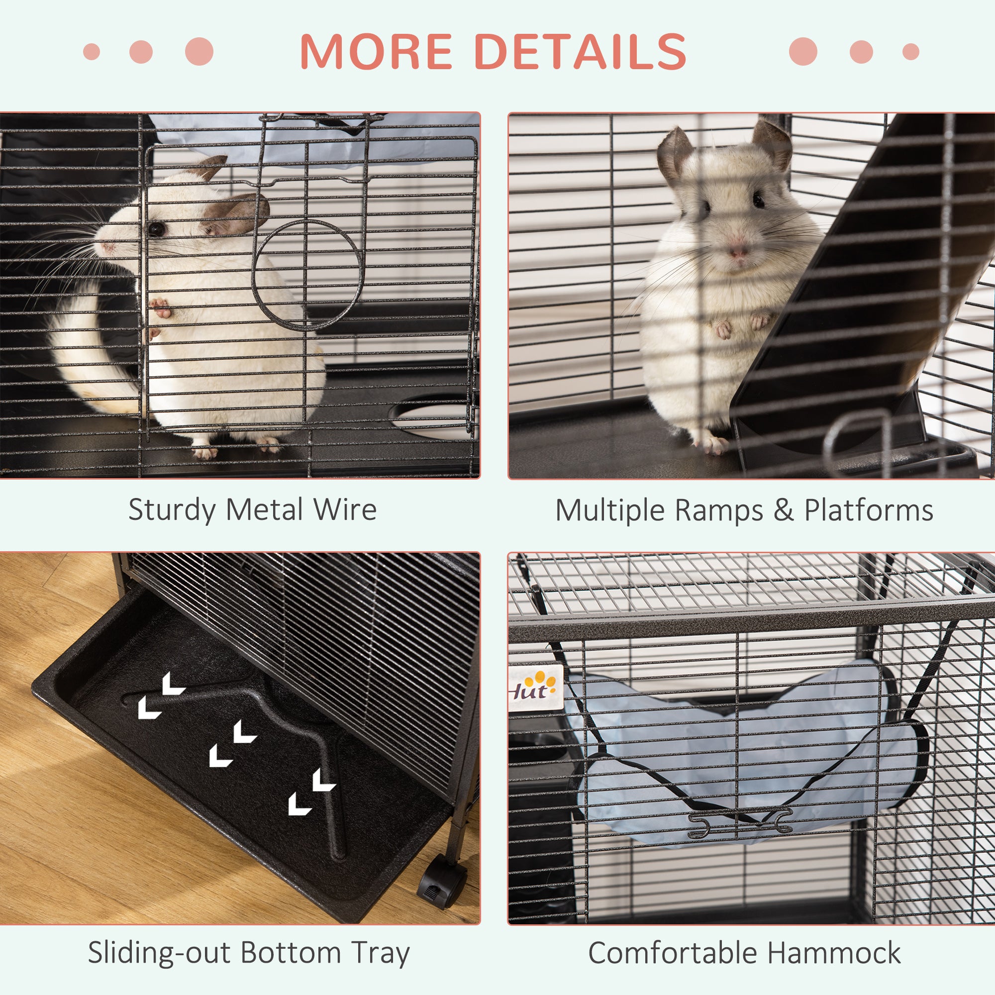 hängematte chinchilla PawHut Rolling Small Animal Cage Pet for Rabbits, Chinchillas, Ferret with Wheels, Hammock, 4 Platforms and Removable Tray, Gray