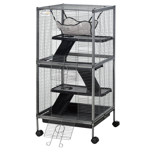 4-Tier Rolling Small Animal Cage, Deluxe Guinea Pig Cage, Ferret Cage for Mink Chinchilla Kitten Rabbit, Small Pet Play House with Hammock Platform, Ramp, Removable Tray, Silver Grey