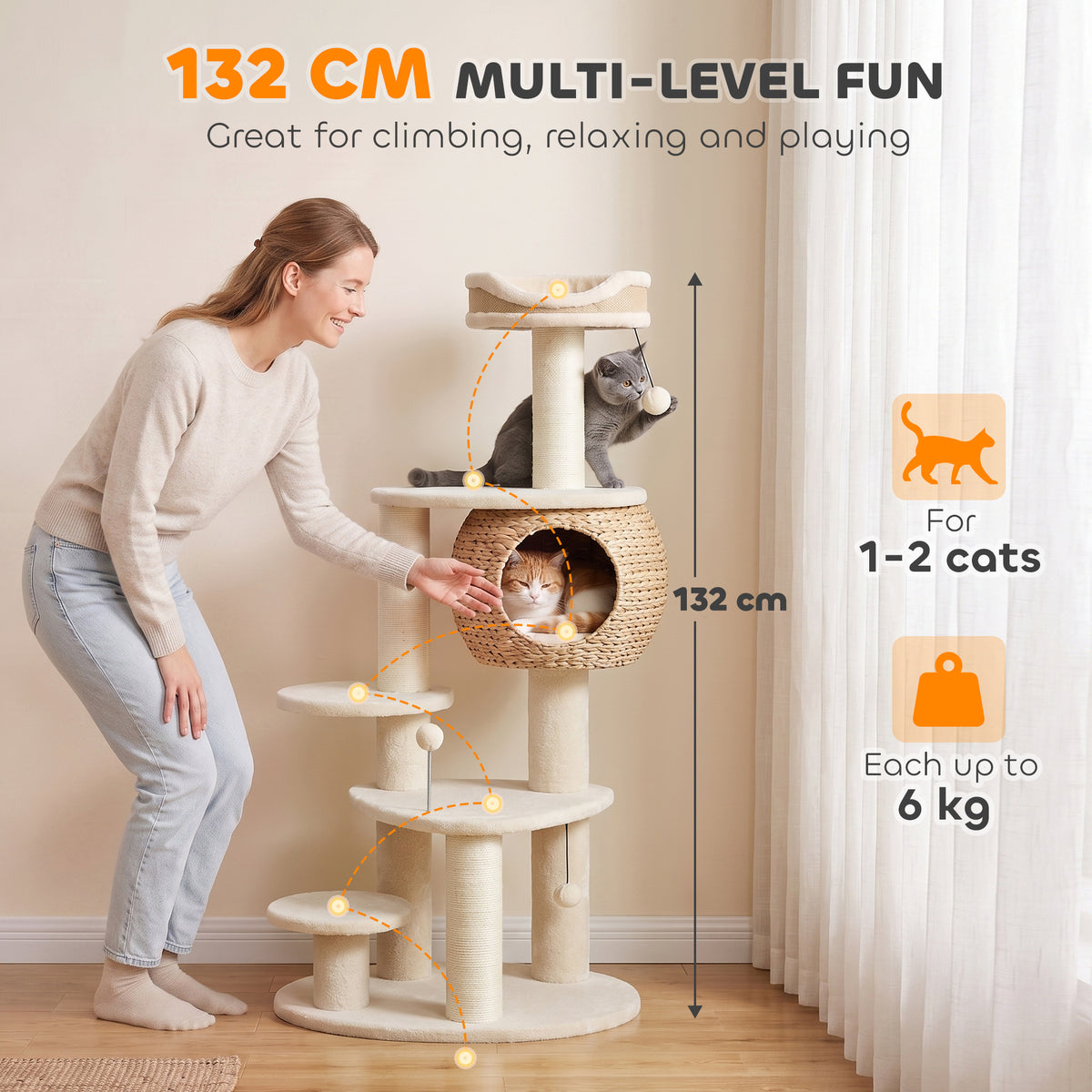 52" Cat Tree, Cat Tower for Indoor Kittens, Multi-Level Kitty Activity Center with Handwoven Cattail Condo, Bed, Platforms, 3 Scratching Posts and 3 Toy Balls, Beige