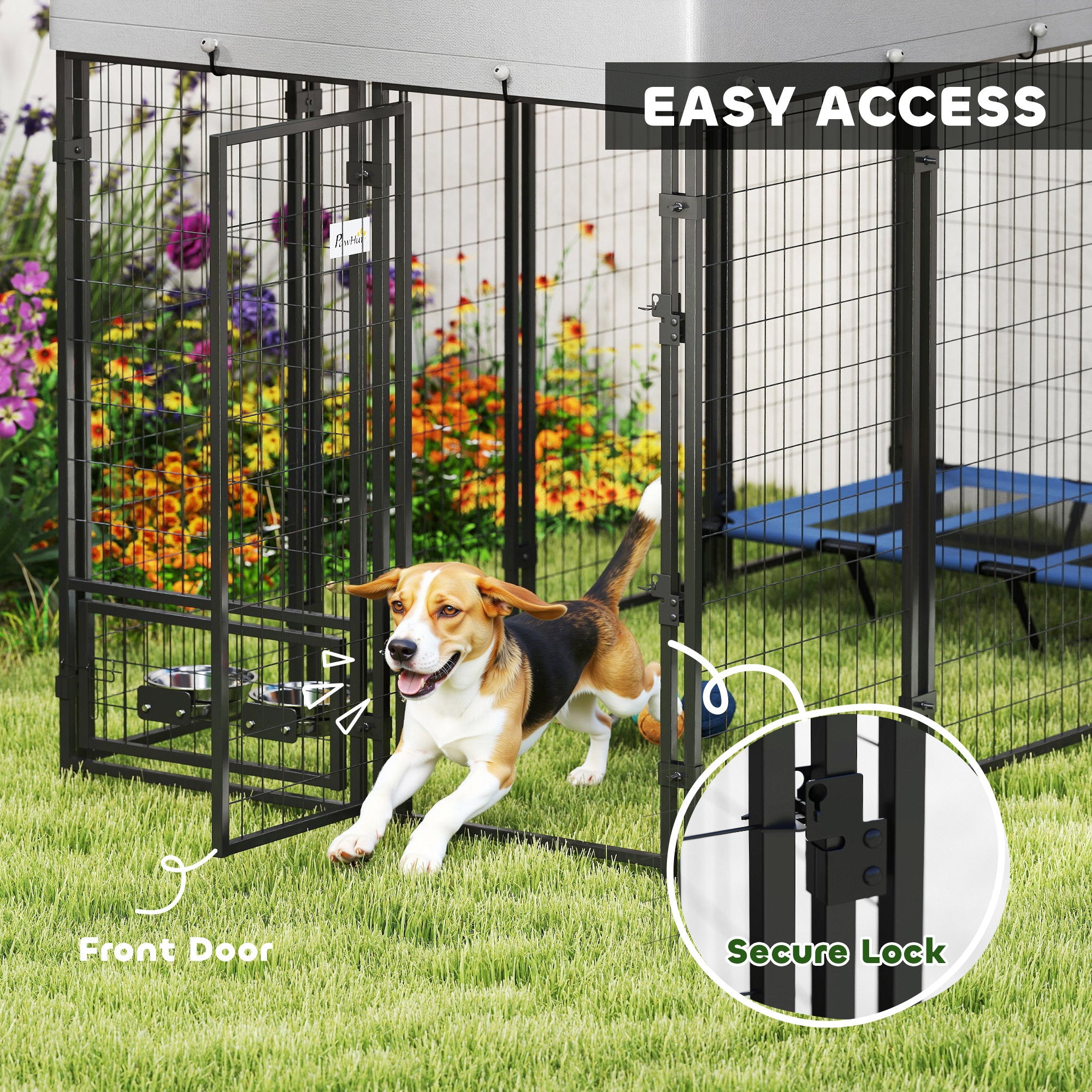 8' x 4' x 6' Outdoor Dog Kennel, Welded Wire Dog Kennel Outside Run with 360° Rotating Bowls, Waterproof & UV Resistant Cover, for S&M&L Breeds, Chickens, Ducks, Sliver