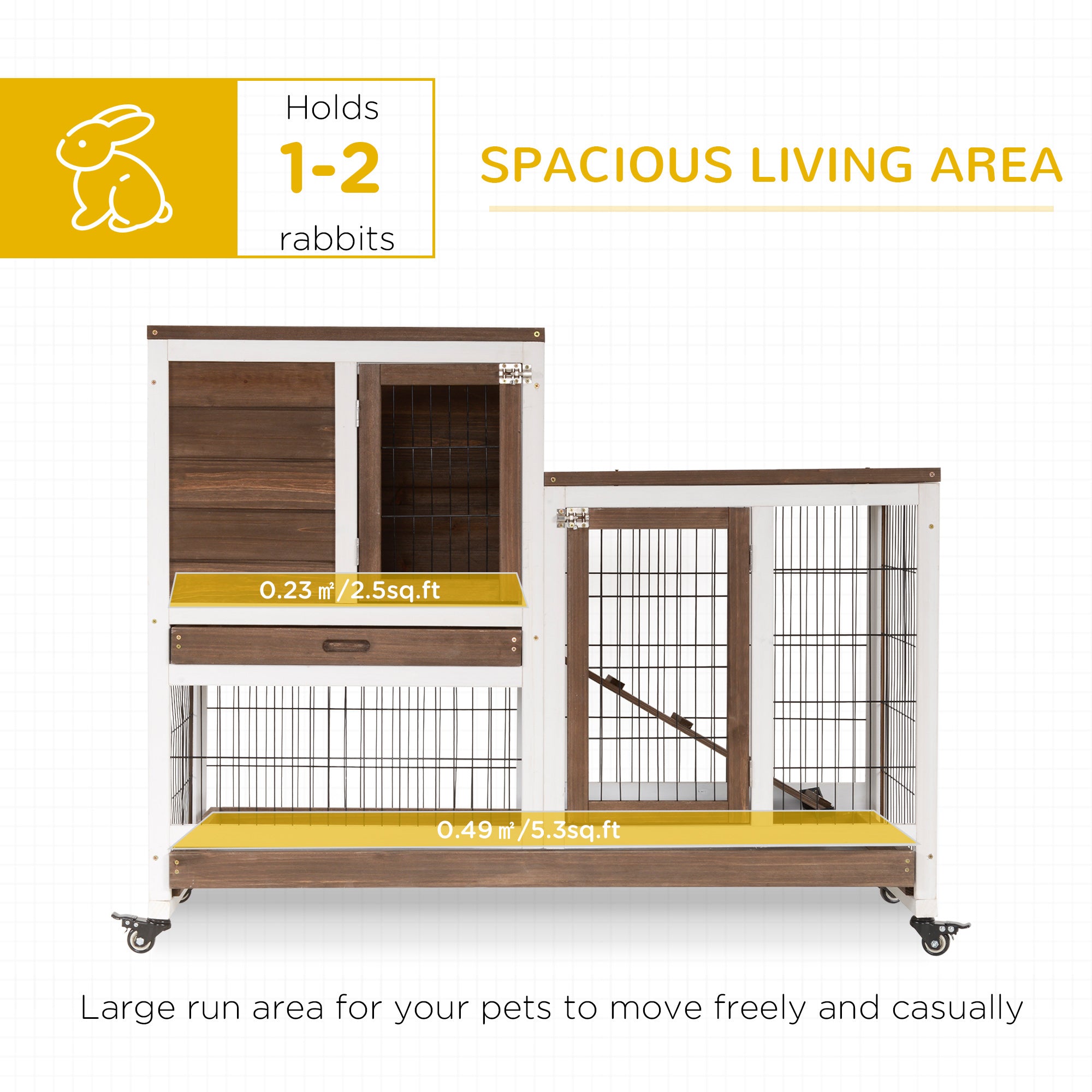Rabbit Hutch Indoor Bunny Cage Guinea Pig House on Wheels with Run, Pull Out Trays, Brown and White