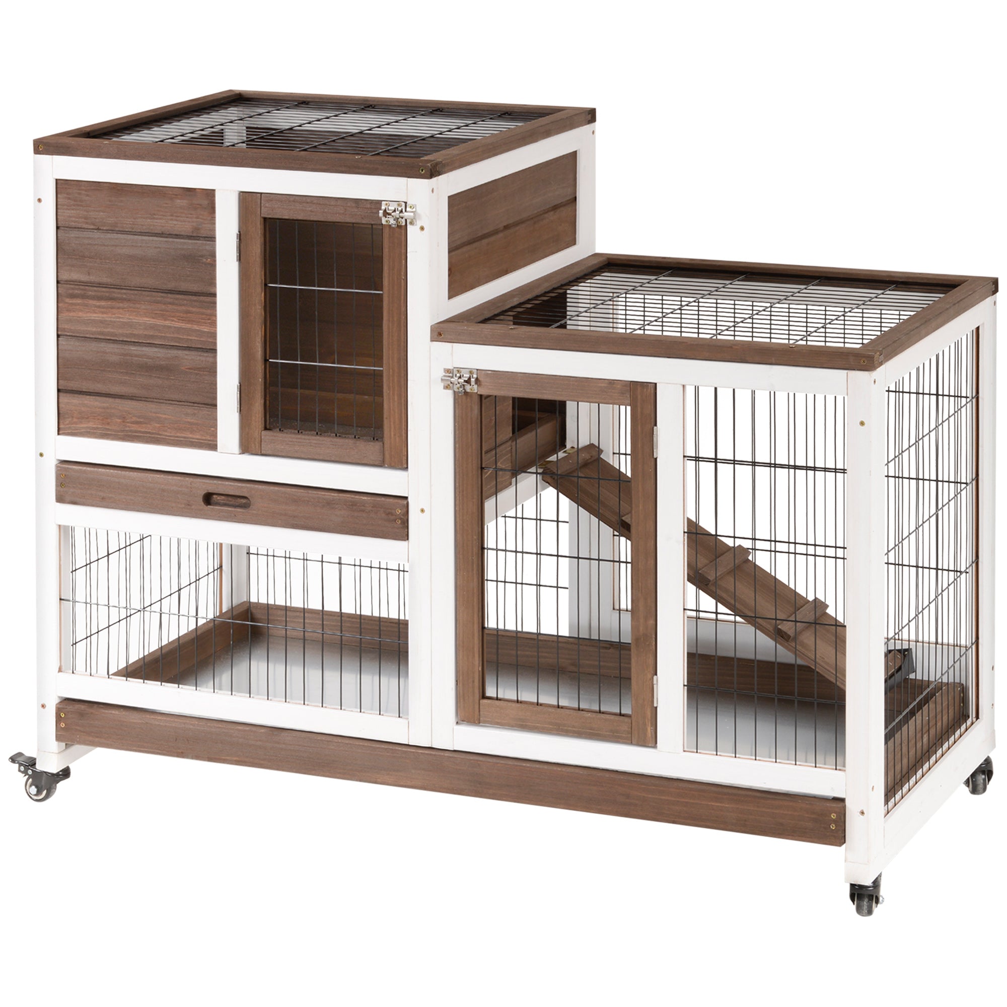 Rabbit Hutch Indoor Bunny Cage Guinea Pig House on Wheels with Run, Pull Out Trays, Brown and White