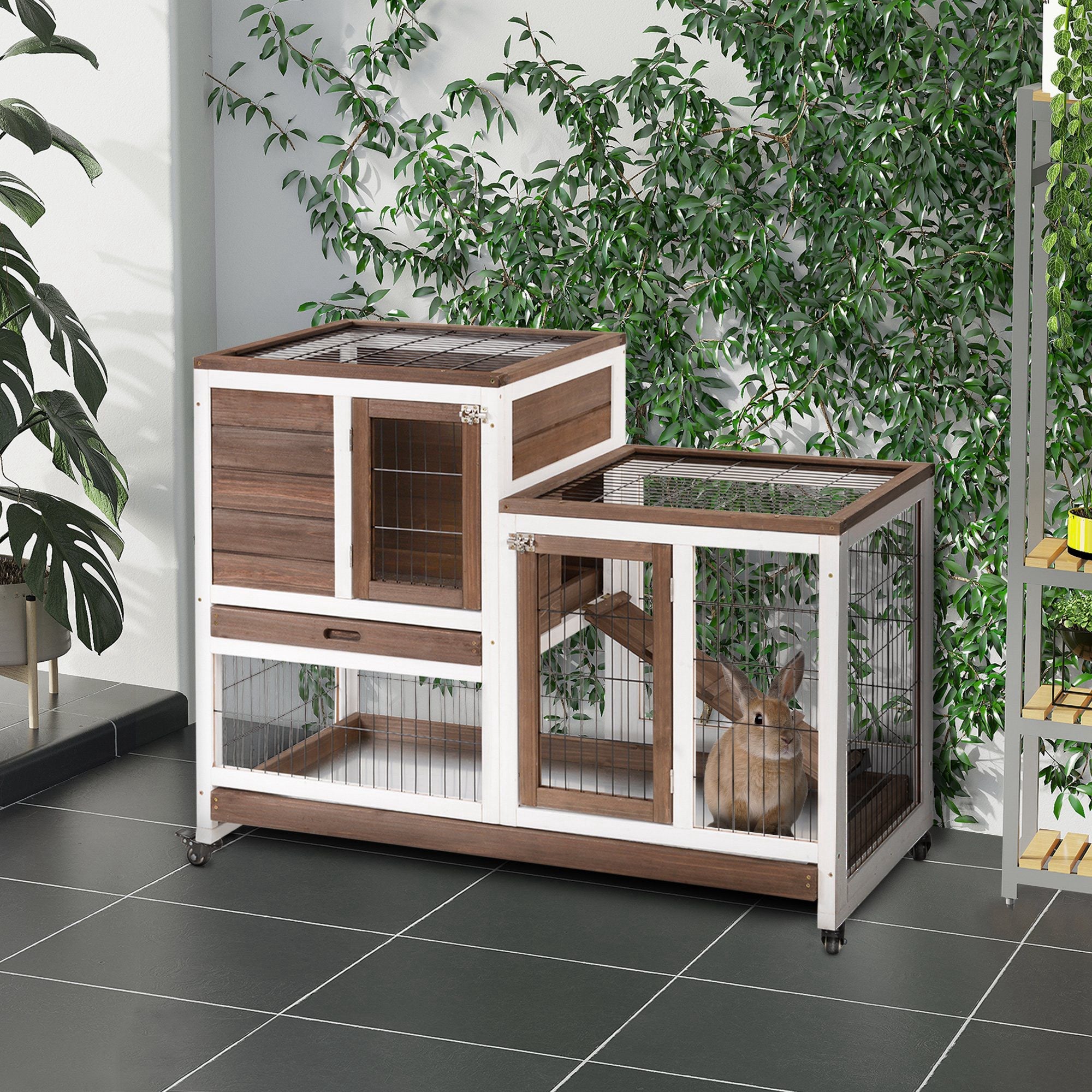 Rabbit Hutch Indoor Bunny Cage Guinea Pig House on Wheels with Run, Pull Out Trays, Brown and White
