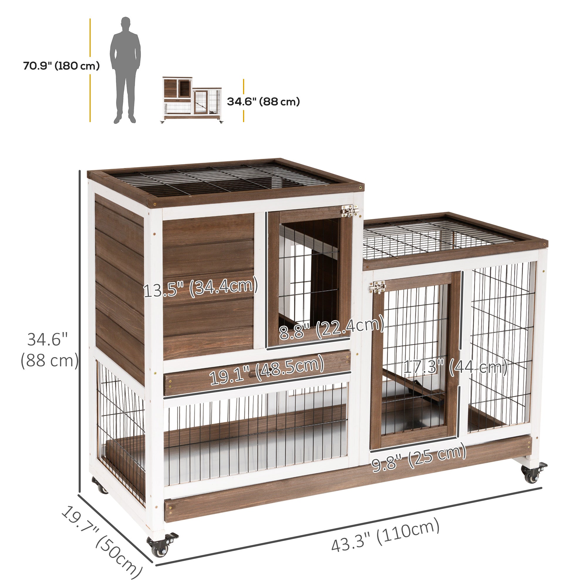 Rabbit Hutch Indoor Bunny Cage Guinea Pig House on Wheels with Run, Pull Out Trays, Brown and White