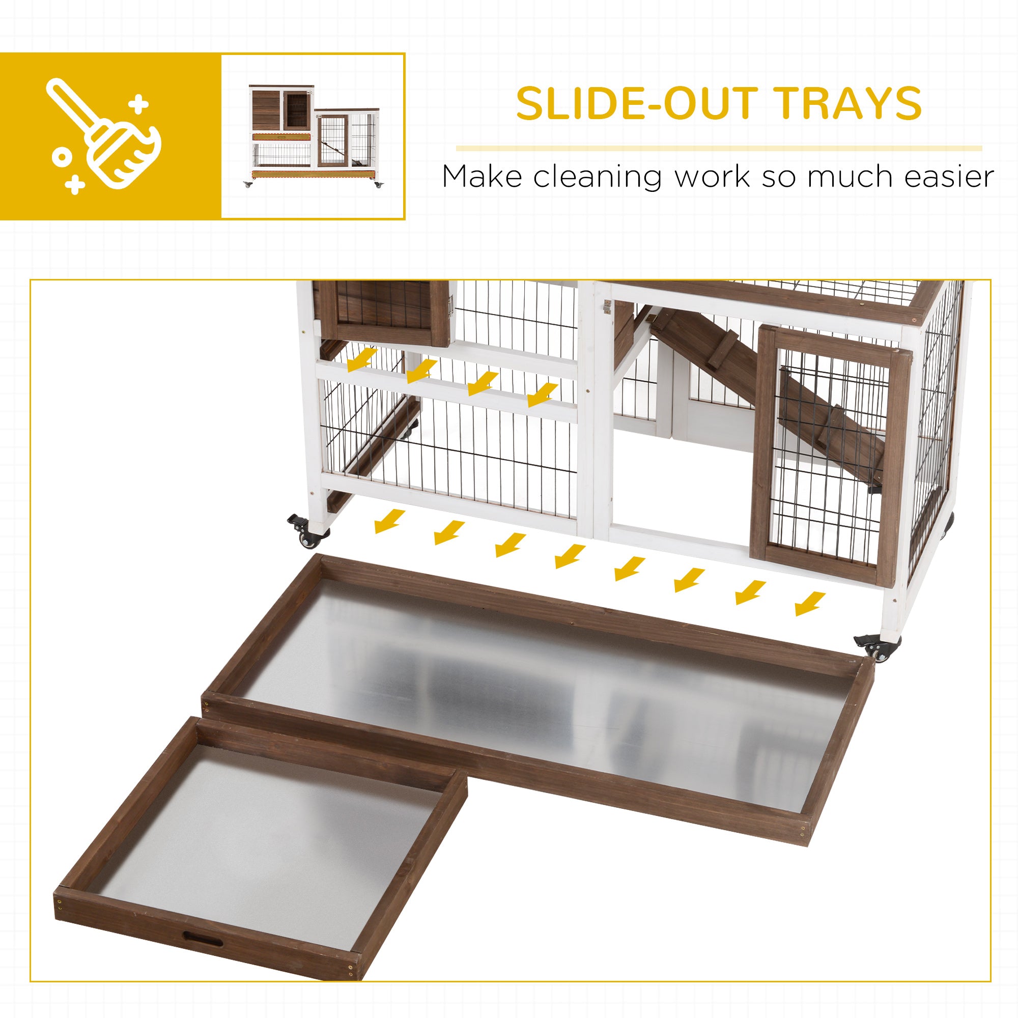 Rabbit Hutch Indoor Bunny Cage Guinea Pig House on Wheels with Run, Pull Out Trays, Brown and White