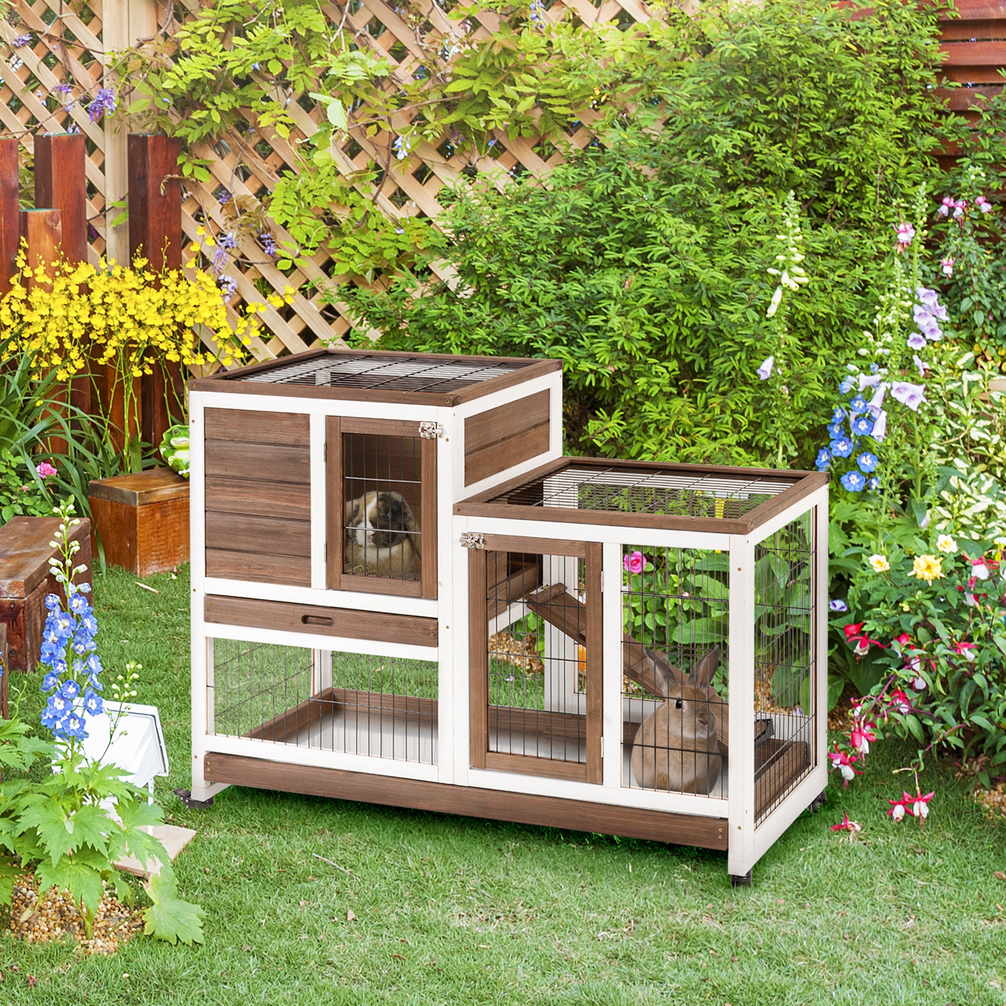 Rabbit Hutch Indoor Bunny Cage Guinea Pig House on Wheels with Run, Pull Out Trays, Brown and White